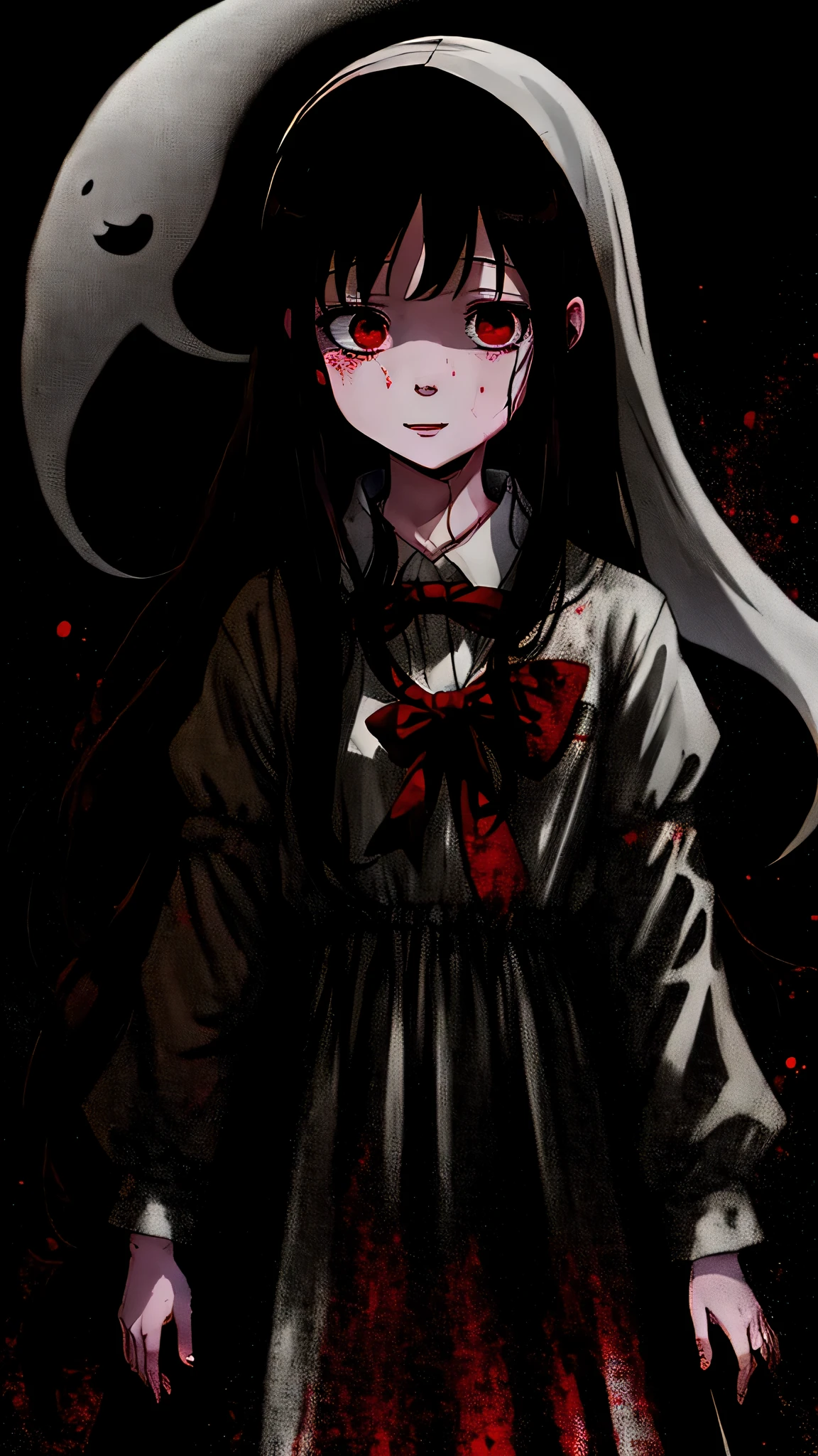 Cartoon girl with long hair and white dress, Pale Young Ghost Girl, yume nikki, ((the ghost of a girl)), Nico in white dress, in dress, junji ito 4k, made with anime painter studio, mysterious girl, open your mouth and crazy smile, bloody eyes, digital art from danganronpa, haunted sad expression