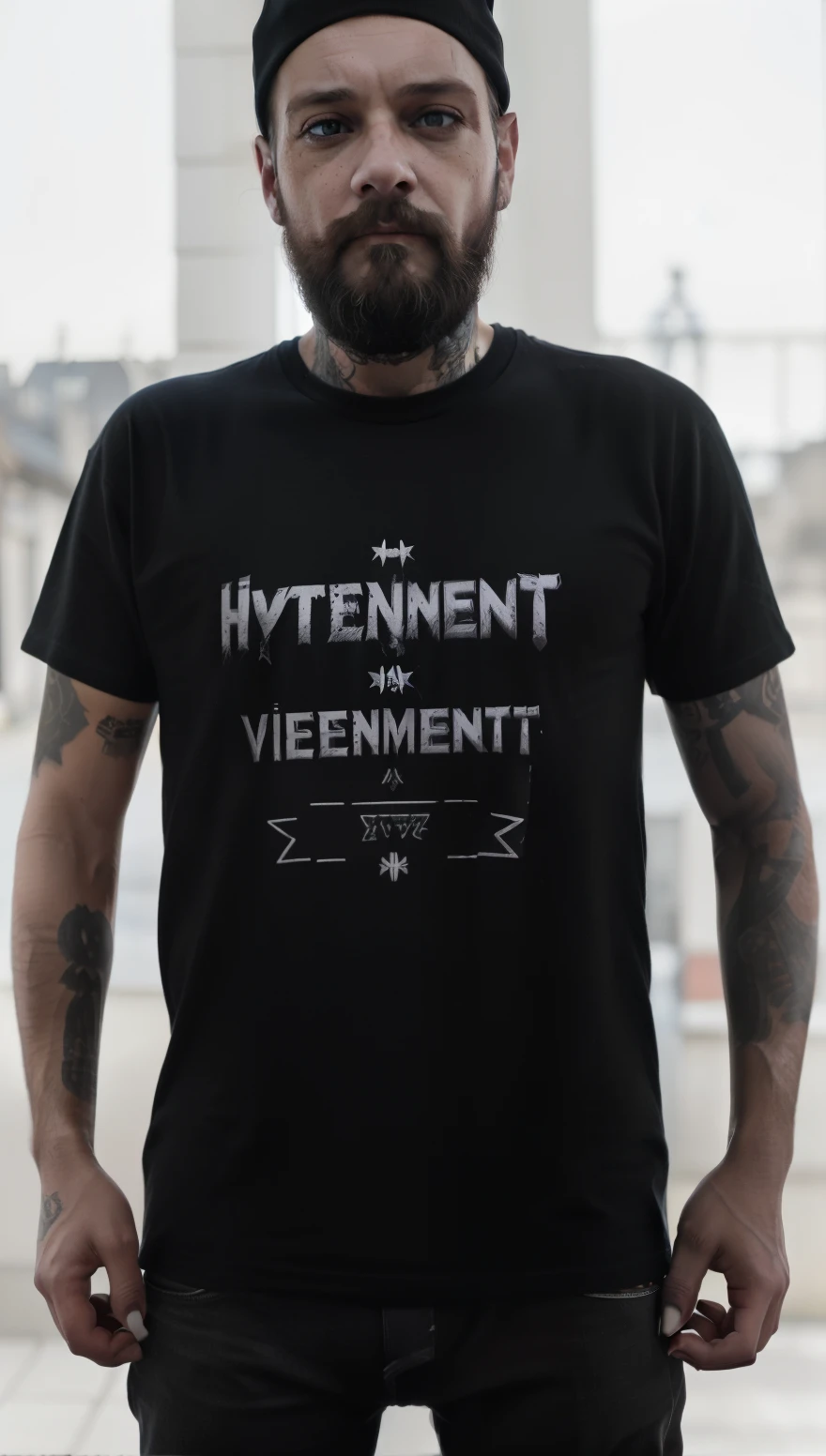 un homme avec une barbe portant un teeshirt noire et une casquette , style d&#39;hydro74, conception de t-shirt en métal lourd, mcbess intense hypervive, vêtements punk rock, manches courtes, grindcore, photo officielle du produit, photographie publicitaire de vêtement. Visage ultra réaliste, photographie ultra détaillés 