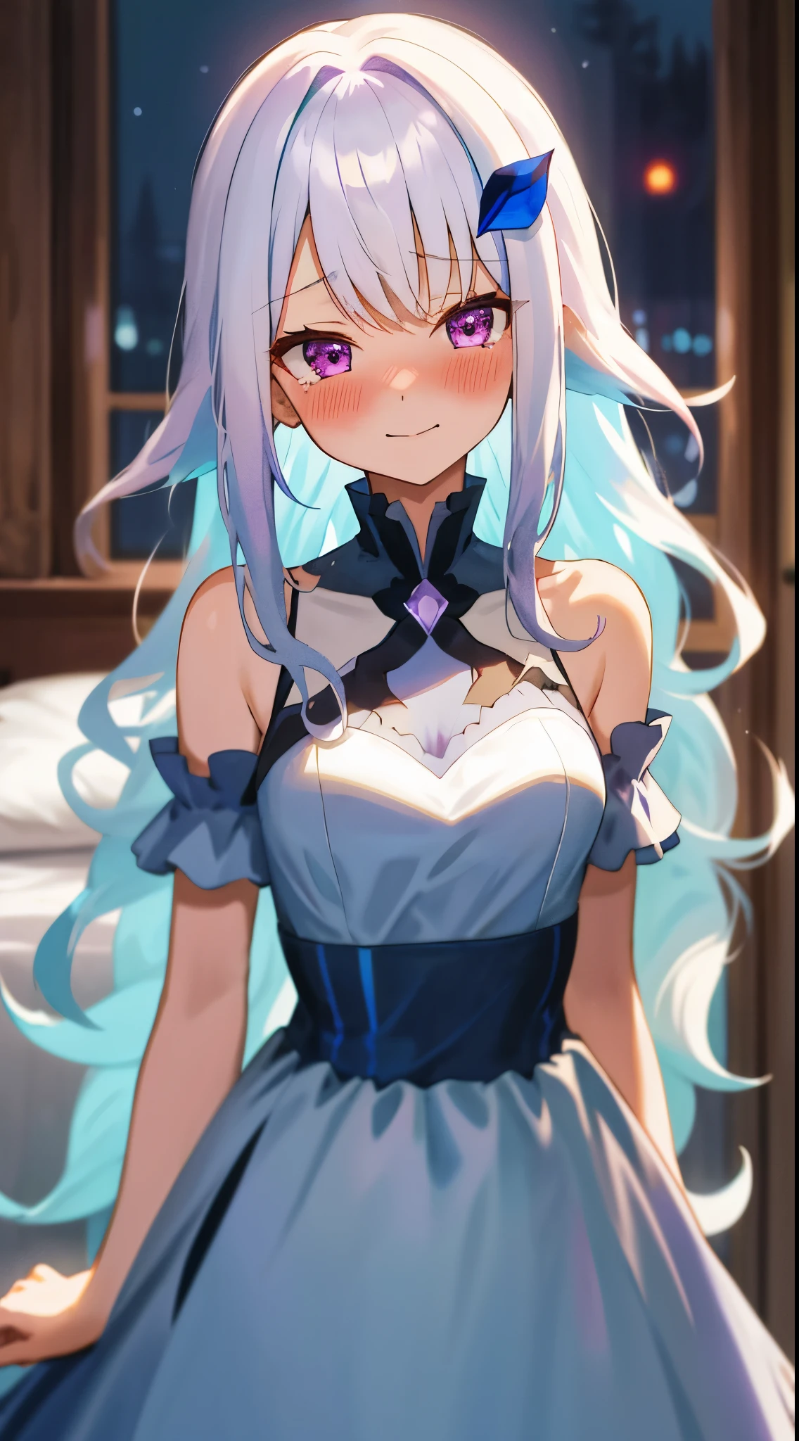 One girl with long wavy hair, bangs, white hair, blue inner hair:1.25) , purple eyes, looking at viewer , blushing, little smile, tears, blue dress, bare shoulders, indoor, bedroom, standing, dizzy, mid-chest, night atmosphere, hair ornament, medium breasts, upper body, focus, blurry background