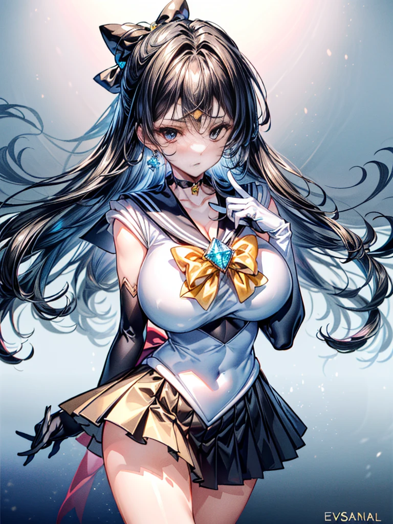 (8K, highest quality, master piece:1.2),\(fine eyes\),\( features\),(\(Detailed details of clothes\)\),(huge title body esbian, super skirt,Sailor Moon costume,(face focus) ,Highly detailed CG Unity 8k wallpaper,huge file size,super detailed,High resolution,absurd,beautiful eyes,ray tracing,dramatic shadow,down to the last detail,dramatic angle,hyper detail,(alone),anime style、very long straight hair、black hair、black sailor collar、Black Absolute Short Mini Scarbow Gloves、(crystal on background:1.2)
