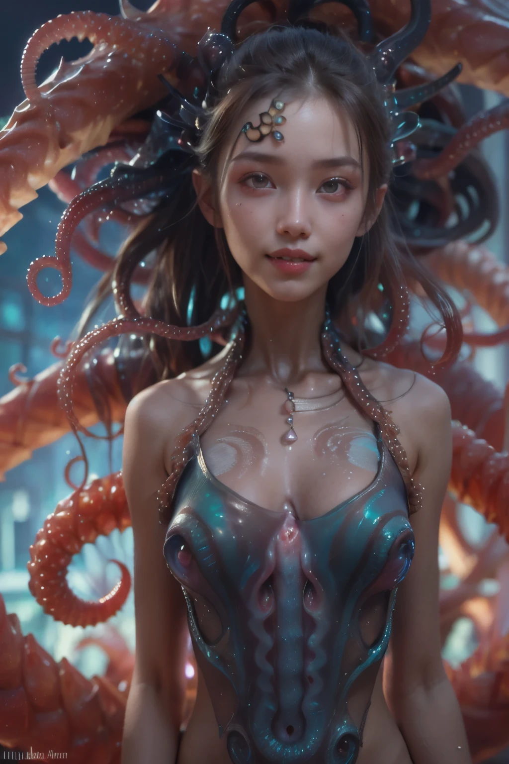 scary and y detailed art in color, Portrait, (beautiful and obscene female alien:1.4), (vulgarity1.5), (she has red eyes with no pupils:1.8), (Translucent skin:1.7), (There is a female genital-like organ in the middle of the forehead:1.9), (The most beautiful face in the history of the universe:1.2),an evil gaze that seduces, (large mouth:1.1), (sharp teeth like a vampire:1.2), Full body portrait, (bio luminescent:1.5), (Smile wickedly:1.3), (sexse:1.5), alien, No humans, cells are fused, (Lots of translucent tentacles:1.3) extraterrestrial, cell, bio image, best quality, 8K,In 4K_quality, High freshness, Dramatic Lighting, masutepiece:1.5,cinematic quality, detail up, (exquisite details:1.2), high resolution, High freshness, drawing faithfully, (Thick eyebrows:1.2), Beautiful eyes with fine symmetry,(Highly detailed face and eyes:1.2), Intimate face, (Super detailed skin quality feeling:1.4), perfect anatomy, (Beautiful toned body:1.5), (Moist skin:1.2), not wearing makeup, (dark circles:1.1), long canines, cinematic drawing of characters, ultra high quality model, cinematic quality, detail up, (exquisite details:1.2), high resolution, High freshness, drawing faithfully, official art, Unity 8K Wall , 8K Portrait, best quality, Very high resolution, ultra detailed artistic photography, midnight aura, unreal engine 5, Ultra Sharp Focus, art by Amano Yoshitaka, ArtGerm, Roisch, intricate artwork, best quality, masterpiece, ultra high resolution, (photos realistic:1.4), ultra realistic realism, dream-like, nautilus, Creation of fantasy, Snail, Dream Snail, (biopunk nautilus:1.3),Thrilling color schemes, ultra realistic realism, seductively smiling, Blue tentacles,
