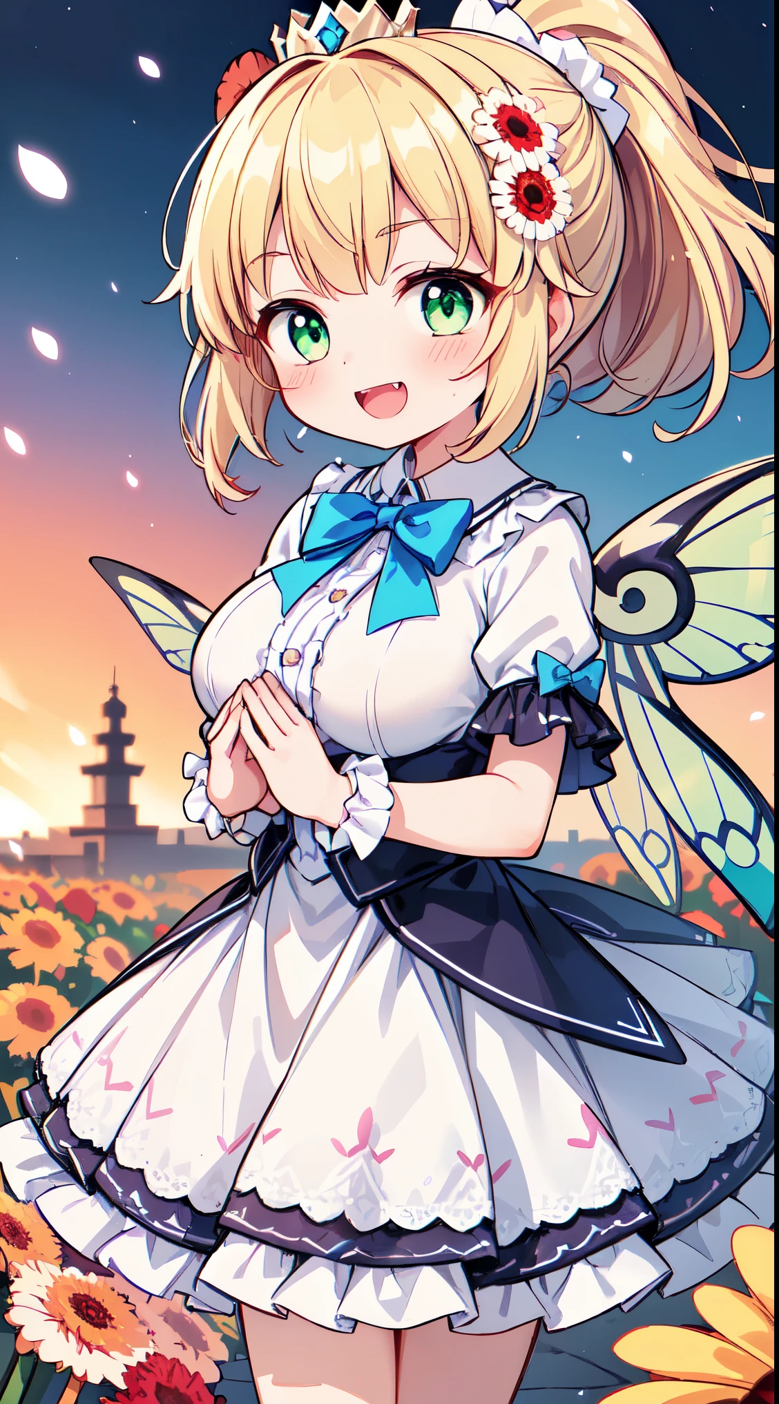 (masterpiece, top quality, best quality, official art, beautiful and aesthetic:1.2),ultra-detailed,intricate details,amazing illustration,award-winning art,atmospheric,
BREAK, 1 beautiful girl, girl, (cute:1.5),(chibi:0.5),(cute:2.0),(loli:2.0),(12 year old girl),(big breasts:1.65),(chin hair,blond hair,blue bow,green eyes,eyebrows showing through hair,side locks,split bangs long hair, hair flowers, hair ornament, big bows in hair, curly hair, ponytail:1.6),:el, white feathers, one slender white winged, Ang el wings, spread wings, shining wings),pit \black},sparkling skin, clear skin, glowing beautiful skin, open mouth, bashful smile, solo, fangs, upper teeth,(long eyelashes, double eyelids:1.2),solo, sparkling skin, clear skin, glowing beautiful skin,(top quality face),(top quality shining eyes),(fun, happy fluttering:1.45)
BREAK (white and pink theme:1.5), (white and pink Classical lolita fashion:1.5),(white and pink Princess dress adorned with a plethora of fresh gerbera (in various vibrant colors:1.2):1.5), (voluminous frills:1.3), (Basque waist:1.3), ((crinoline, long multilayer-voluminous ruffle skirt) adorned with a plethora of fresh gerbera (in various vibrant colors:1.2):1.5), (intricate floral lace embroidery:1.6), (Princess dress and ruffle skirt adorned with a plethora of fresh gerbera (in various vibrant colors:1.2):2.0),(white pink heels adorned with fresh gerbera flowers in various colors:1.2),(holding a bouquet of brightly colored flowers:1.1),
BREAK,(folded hands:1.8),(background of beautiful detailed The dazzling morning sun rises and Shrine grounds covered in snow:1.2),
BREAK,wakame,wakame,wakame,(Cowboy Shot:1.4),
BREAK,(Blurry background:1.3),(absurderes, hight resolution, Super Detail Art),cel shading,Clear Color, Lonely optical effect, Beautiful pictures, Bright glow, mystic atmosphere,(Close-up of girl:1.1), Mystical light particle effect,manga influence, clean line drawings,