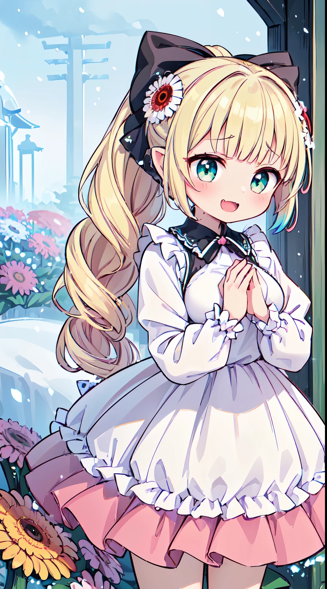 (masterpiece, top quality, best quality, official art, beautiful and aesthetic:1.2),ultra-detailed,intricate details,amazing illustration,award-winning art,atmospheric, 
BREAK, 1 beautiful girl, girl, (cute:1.5),(chibi:0.5),(cute:2.0),(loli:2.0),(12 year old girl),(big breasts:1.65),(chin hair,blond hair,blue bow,green eyes,eyebrows showing through hair,side locks,split bangs long hair, hair flowers, hair ornament, big bows in hair, curly hair, ponytail:1.6),:el, white feathers, one slender white winged, Ang el wings, spread wings, shining wings),pit \black},sparkling skin, clear skin, glowing beautiful skin, open mouth, bashful smile, solo, fangs, upper teeth,(long eyelashes, double eyelids:1.2),solo, sparkling skin, clear skin, glowing beautiful skin,(top quality face),(top quality shining eyes),(fun, happy fluttering:1.45)

BREAK (white and pink theme:1.5), (white and pink Classical lolita fashion:1.5),(white and pink Princess dress adorned with a plethora of fresh gerbera (in various vibrant colors:1.2):1.5), (voluminous frills:1.3), (Basque waist:1.3), ((crinoline, long multilayer-voluminous ruffle skirt)  adorned with  a plethora of fresh gerbera (in various vibrant colors:1.2):1.5), (intricate floral lace embroidery:1.6), (Princess dress and ruffle skirt  adorned with  a plethora of fresh gerbera (in various vibrant colors:1.2):2.0),(white pink heels adorned with fresh gerbera flowers in various colors:1.2),(holding a bouquet of brightly colored flowers:1.1),

BREAK,(folded hands:1.8),(background of beautiful detailed The dazzling morning sun rises and Shrine grounds covered in snow:1.2),

BREAK,wakame,wakame,wakame,(Cowboy Shot:1.4),

BREAK,(Blurry background:1.3),(absurderes, hight resolution, Super Detail Art),cel shading,Clear Color, Lonely optical effect, Beautiful pictures, Bright glow, mystic atmosphere,(Close-up of girl:1.1), Mystical light particle effect,manga influence, clean line drawings,