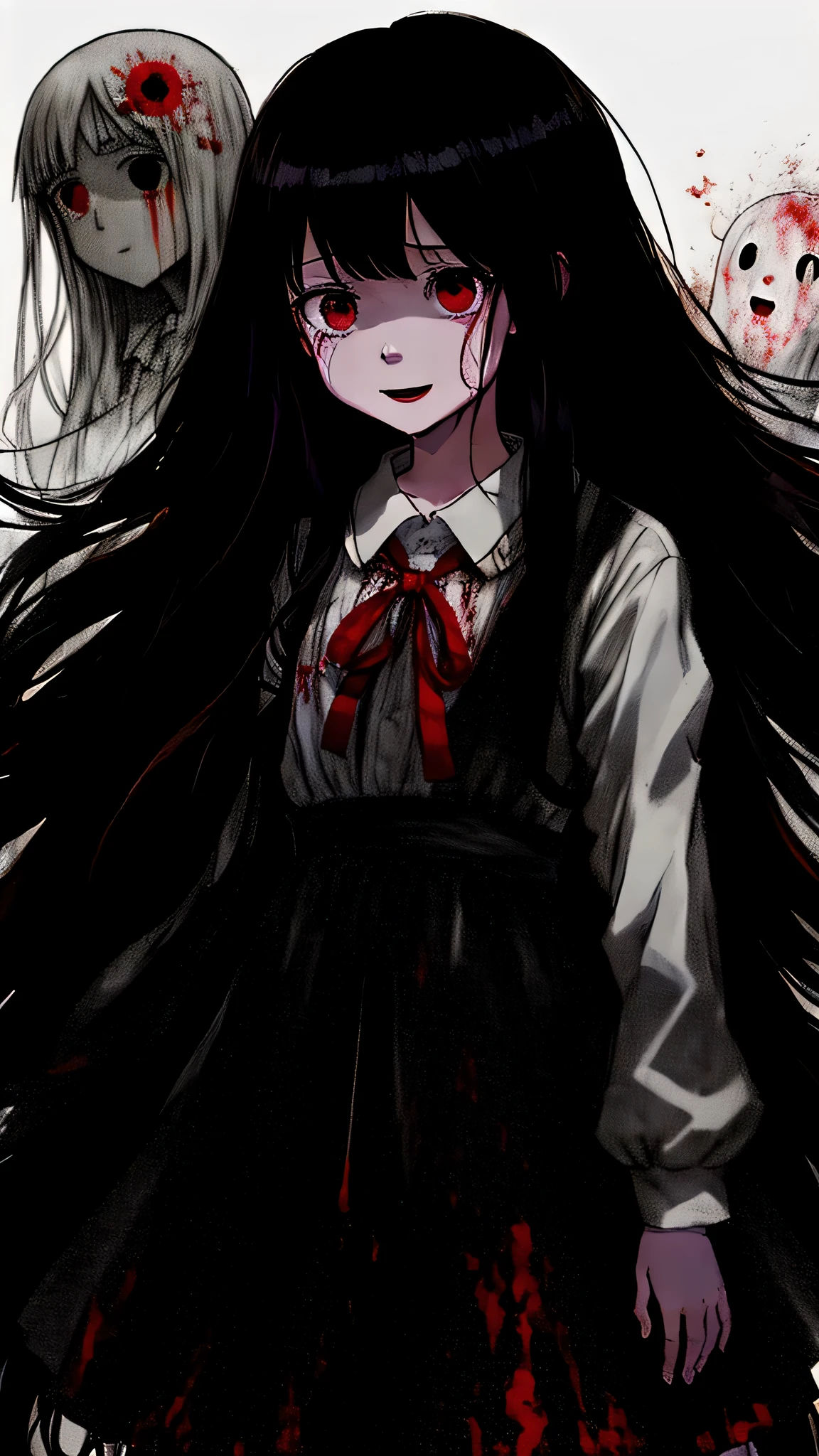 Cartoon girl with long hair and white dress, Pale Young Ghost Girl, yume nikki, ((the ghost of a girl speaking behind her)), Nico in white dress, in dress, junji ito 4k, made with anime painter studio, mysterious girl, open your mouth and crazy smile, bloody eyes, digital art from danganronpa, haunted sad expression