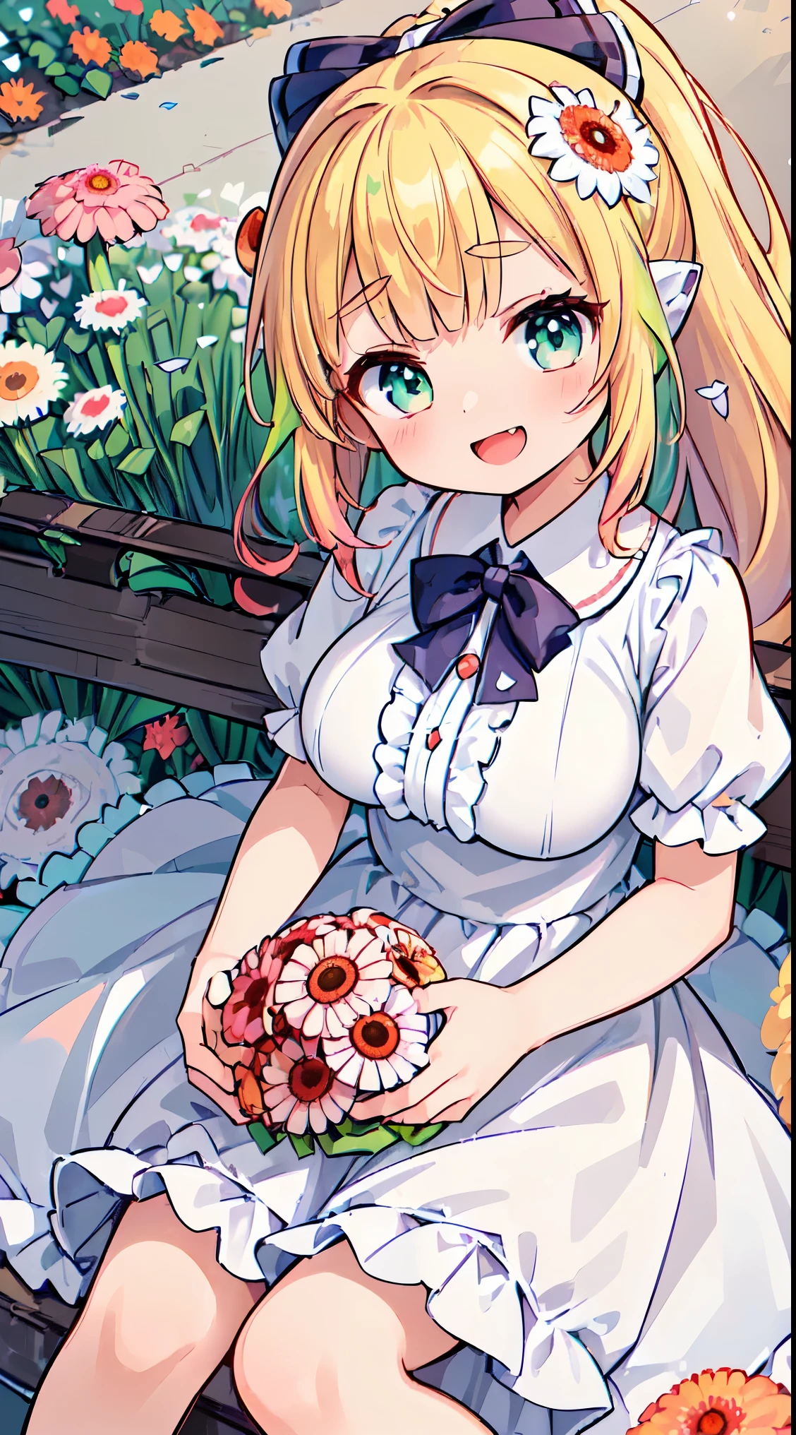 (masterpiece, top quality, best quality, official art, beautiful and aesthetic:1.2),ultra-detailed,intricate details,amazing illustration,award-winning art,atmospheric, 
BREAK, 1 beautiful girl, girl, (cute:1.5),(chibi:0.5),(cute:2.0),(loli:2.0),(12 year old girl),(big breasts:1.65),(chin hair,blond hair,blue bow,green eyes,eyebrows showing through hair,side locks,split bangs long hair, hair flowers, hair ornament, big bows in hair, curly hair, ponytail:1.6),:el, white feathers, one slender white winged, Ang el wings, spread wings, shining wings),pit \black},sparkling skin, clear skin, glowing beautiful skin, open mouth, bashful smile, solo, fangs, upper teeth,(long eyelashes, double eyelids:1.2),solo, sparkling skin, clear skin, glowing beautiful skin,(top quality face),(top quality shining eyes),(fun, happy fluttering:1.45)

BREAK (white and pink theme:1.5), (white and pink Classical lolita fashion:1.5),(white and pink Princess dress adorned with a plethora of fresh gerbera (in various vibrant colors:1.2):1.5), (voluminous frills:1.3), (Basque waist:1.3), ((crinoline, long multilayer-voluminous ruffle skirt)  adorned with  a plethora of fresh gerbera (in various vibrant colors:1.2):1.5), (intricate floral lace embroidery:1.6), (Princess dress and ruffle skirt  adorned with  a plethora of fresh gerbera (in various vibrant colors:1.2):2.0),(white pink heels adorned with fresh gerbera flowers in various colors:1.2),(holding a bouquet of brightly colored flowers:1.1),

BREAK (background of beautiful detailed Bench under the proof in the park at noon:1.3), (lying on lap:1.9),(knees together feet apart) 1.35),

BREAK,wakame,wakame,wakame,(Cowboy Shot:1.4),

BREAK,(Blurry background:1.3),(absurderes, hight resolution, Super Detail Art),cel shading,Clear Color, Lonely optical effect, Beautiful pictures, Bright glow, mystic atmosphere,(Close-up of girl:1.1), Mystical light particle effect,manga influence, clean line drawings,