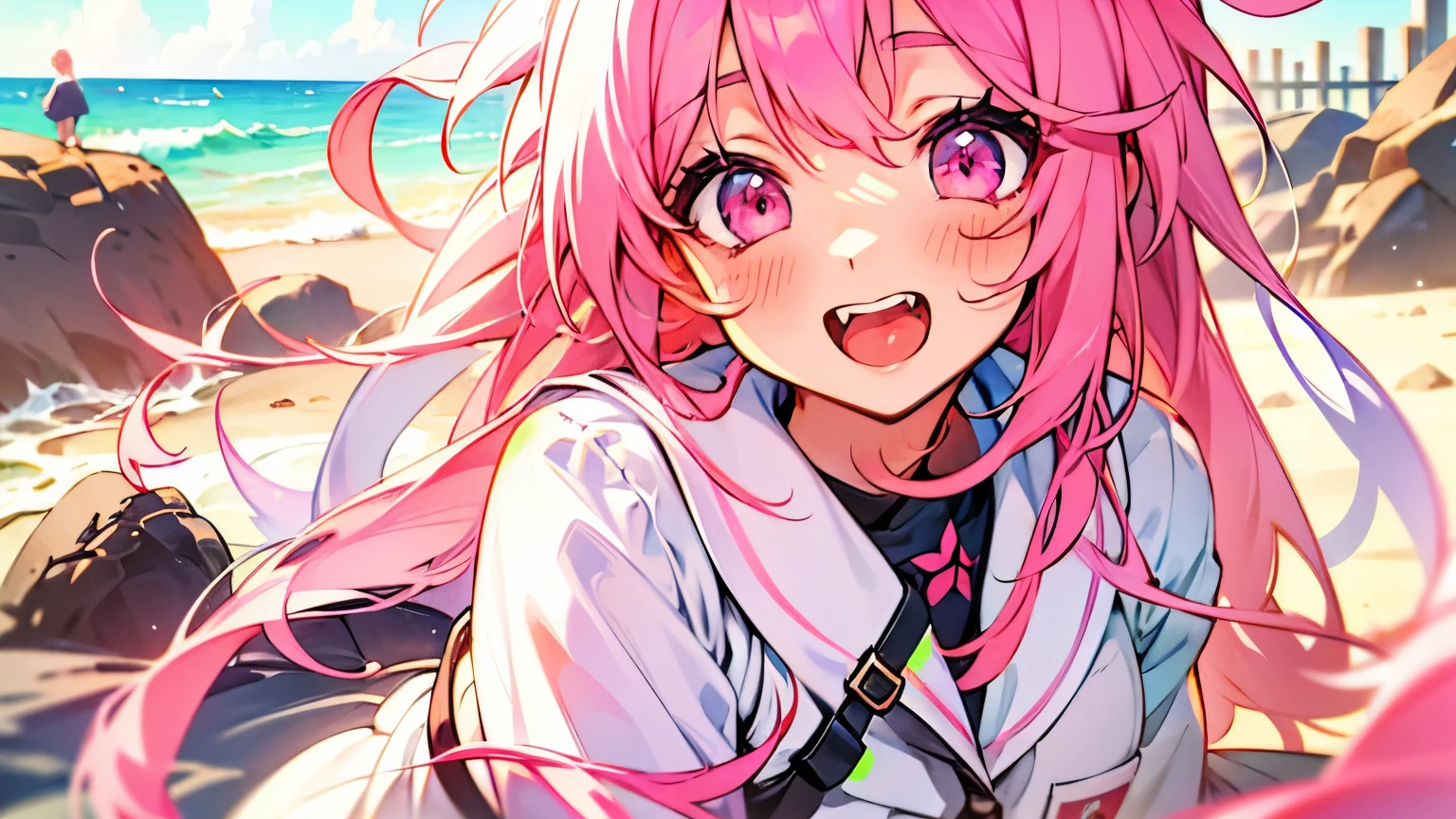 beach,seaside,Sunset,8K resolution,Uniforms,Long pink hair,pink eyes,of laughter