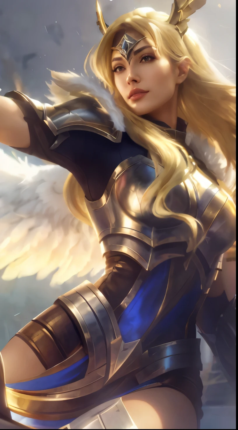 a close up of a woman in armor holding a sword, extremely detailed artgerm, artgerm. high detail, artgerm detailed, angel knight girl, artgerm lau, ashe, armor angle with wing, style artgerm, ig model | artgerm, artgerm jsc, style of artgerm, artgerm style, big breast