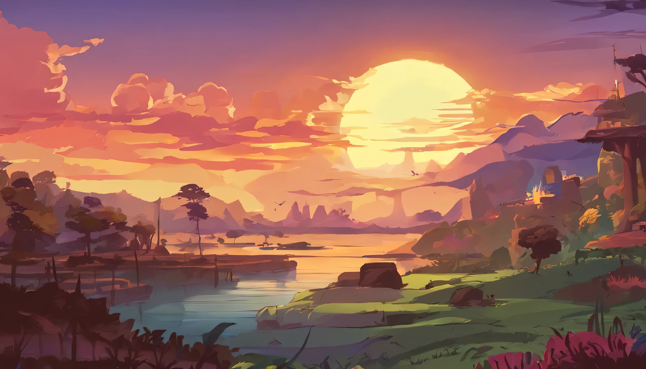 Arte 2D, desenho animado, fundo detalhado e bonito, Sunset background