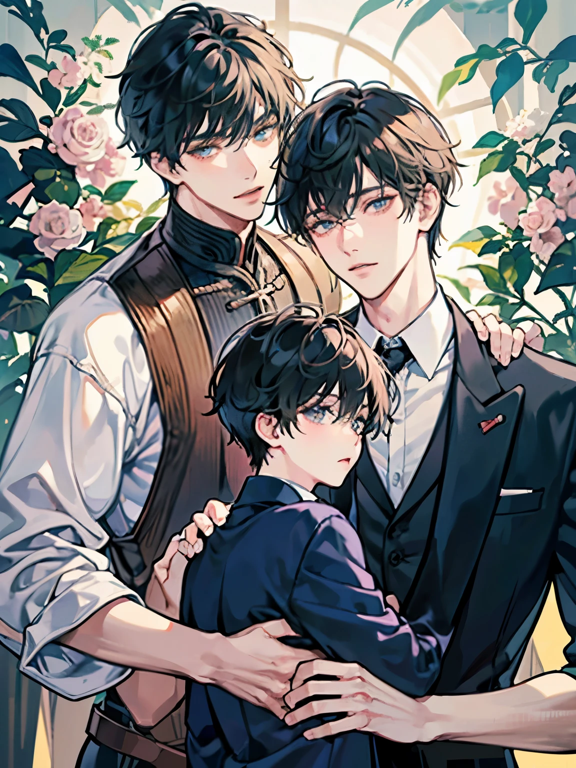 身長差のあるtwo men性、tall men and short men、Black-haired man、Man hugging each other、detailed face、happy look、Lovers、Boys Love、make love、two men