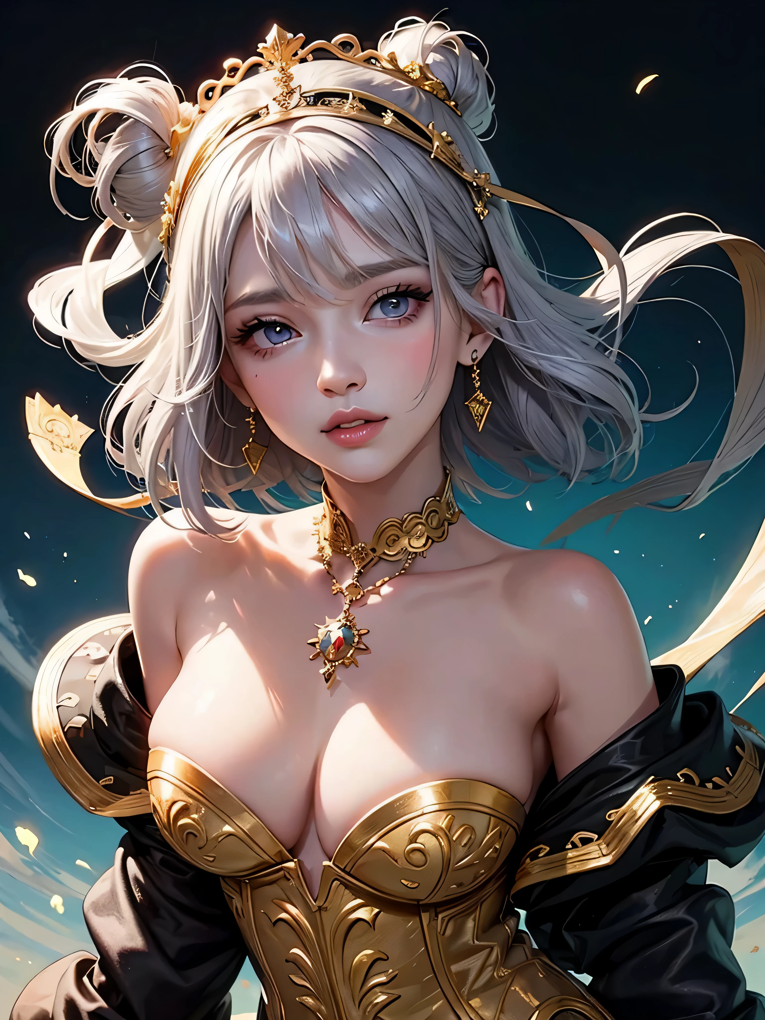Castle in the distance、face is front、Looking at the camera、profile、8K、real photo、ultra high resolution, Master Parts, best quality, ticker , cinematic images,nice girl、Ann、16 only、Annグロサクソン、double eyelid、droopy eyes、very big eyes、eyes are purple、Dark eye shadow、lips are very thin、The tip of the nose stretches beautifully.......................................................、small nose,,,,, very detailed , silver hair、straight short hair、smile、 sweet look 、)、Very clear shadows , jewelry , detailed eyes, very complicated, shiny skin , パーフェクトブリリAnnト, perfect writing, dramatic shadow、White tiara on head、Gold necklace around the neck、White aristocratic dress with gold embroidery、glass high heels、angel white win
