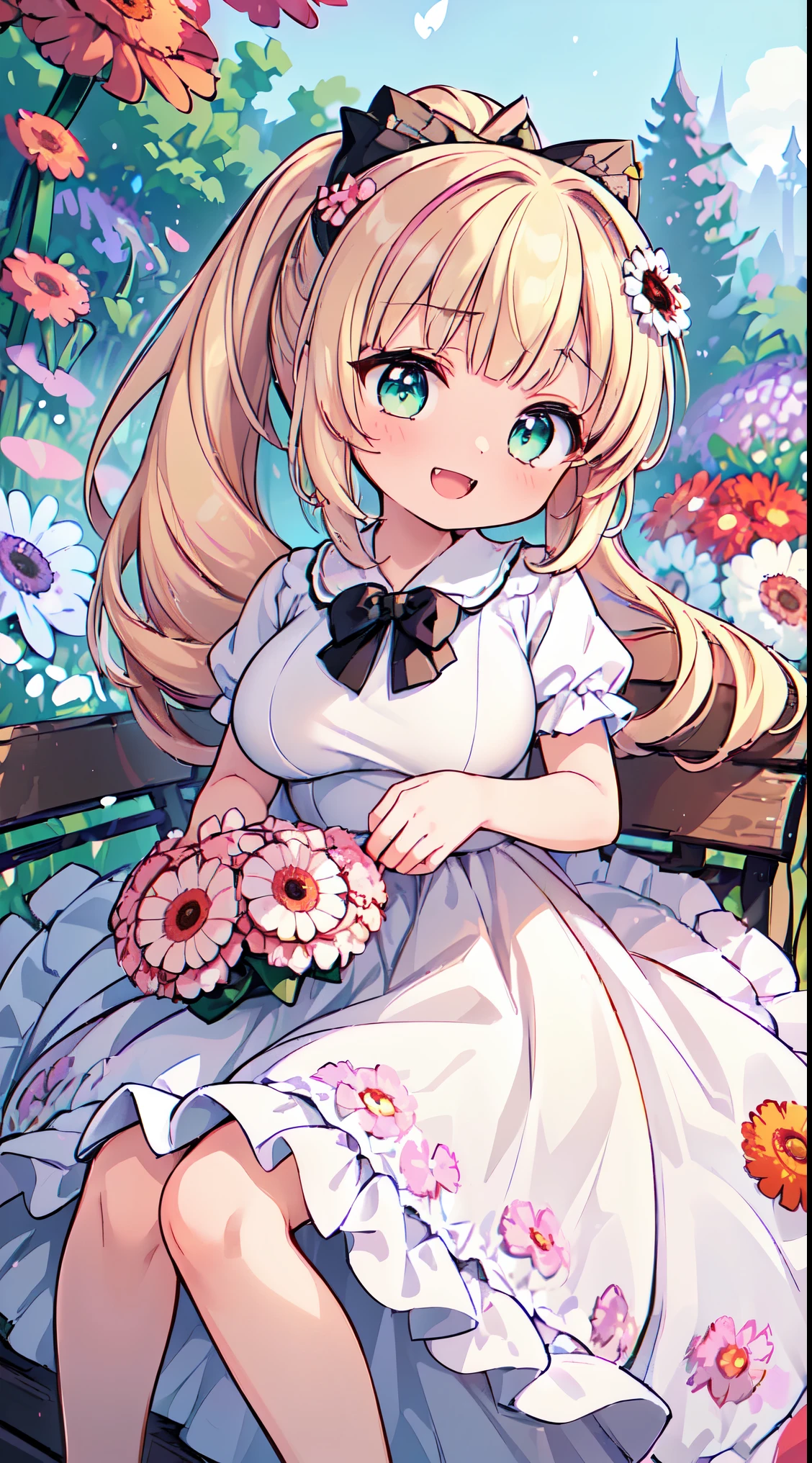 (masterpiece, top quality, best quality, official art, beautiful and aesthetic:1.2),ultra-detailed,intricate details,amazing illustration,award-winning art,atmospheric, 
BREAK, 1 beautiful girl, girl, (cute:1.5),(chibi:0.5),(cute:2.0),(****:2.0),(12 year old girl),(big breasts:1.65),(chin hair,blond hair,blue bow,green eyes,eyebrows showing through hair,side locks,split bangs long hair, hair flowers, hair ornament, big bows in hair, curly hair, ponytail:1.6),:el, white feathers, one slender white winged, Ang el wings, spread wings, shining wings),pit \black},sparkling skin, clear skin, glowing beautiful skin, open mouth, bashful smile, solo, fangs, upper teeth,(long eyelashes, double eyelids:1.2),solo, sparkling skin, clear skin, glowing beautiful skin,(top quality face),(top quality shining eyes),(fun, happy fluttering:1.45)

BREAK (white and pink theme:1.5), (white and pink Classical ****ta fashion:1.5),(white and pink Princess dress adorned with a plethora of fresh gerbera (in various vibrant colors:1.2):1.5), (voluminous frills:1.3), (Basque waist:1.3), ((crinoline, long multilayer-voluminous ruffle skirt)  adorned with  a plethora of fresh gerbera (in various vibrant colors:1.2):1.5), (intricate floral lace embroidery:1.6), (Princess dress and ruffle skirt  adorned with  a plethora of fresh gerbera (in various vibrant colors:1.2):2.0),(white pink heels adorned with fresh gerbera flowers in various colors:1.2),(holding a bouquet of brightly colored flowers:1.1),

BREAK (background of beautiful detailed Bench under the proof in the park at noon:1.3), (lying on lap:1.9),(knees together feet apart) 1.35),

BREAK,wakame,wakame,wakame,(Cowboy Shot:1.4),

BREAK,(Blurry background:1.3),(absurderes, hight resolution, Super Detail Art),cel shading,Clear Color, Lonely optical effect, Beautiful pictures, Bright glow, mystic atmosphere,(Close-up of girl:1.1), Mystical light particle effect,manga influence, clean line drawings,