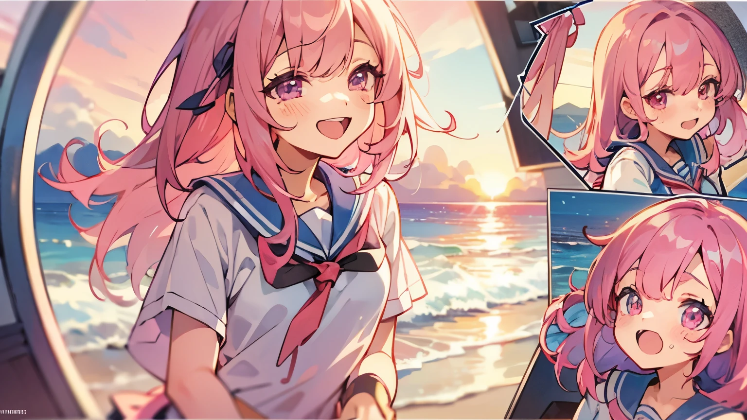 beach,seaside,Sunset,8K resolution,Uniforms,Long pink hair,pink eyes,of laughter
