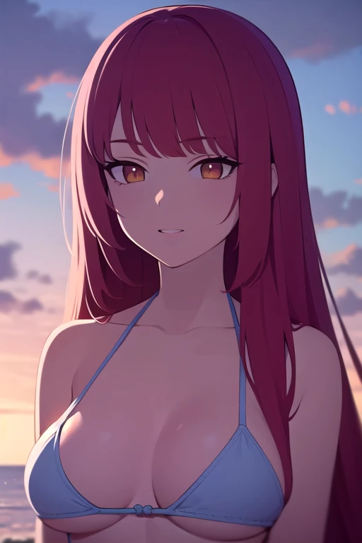 ((best quality)), ((masterpiece)), (detailed), perfect face, best quality, (masterpiece:1.2), detailed, perfect face, beautiful face,   Makima , 1girl, solo, swimsuit, bikini, day, red hair, cloud, sky, breasts, orange eyes, long hair