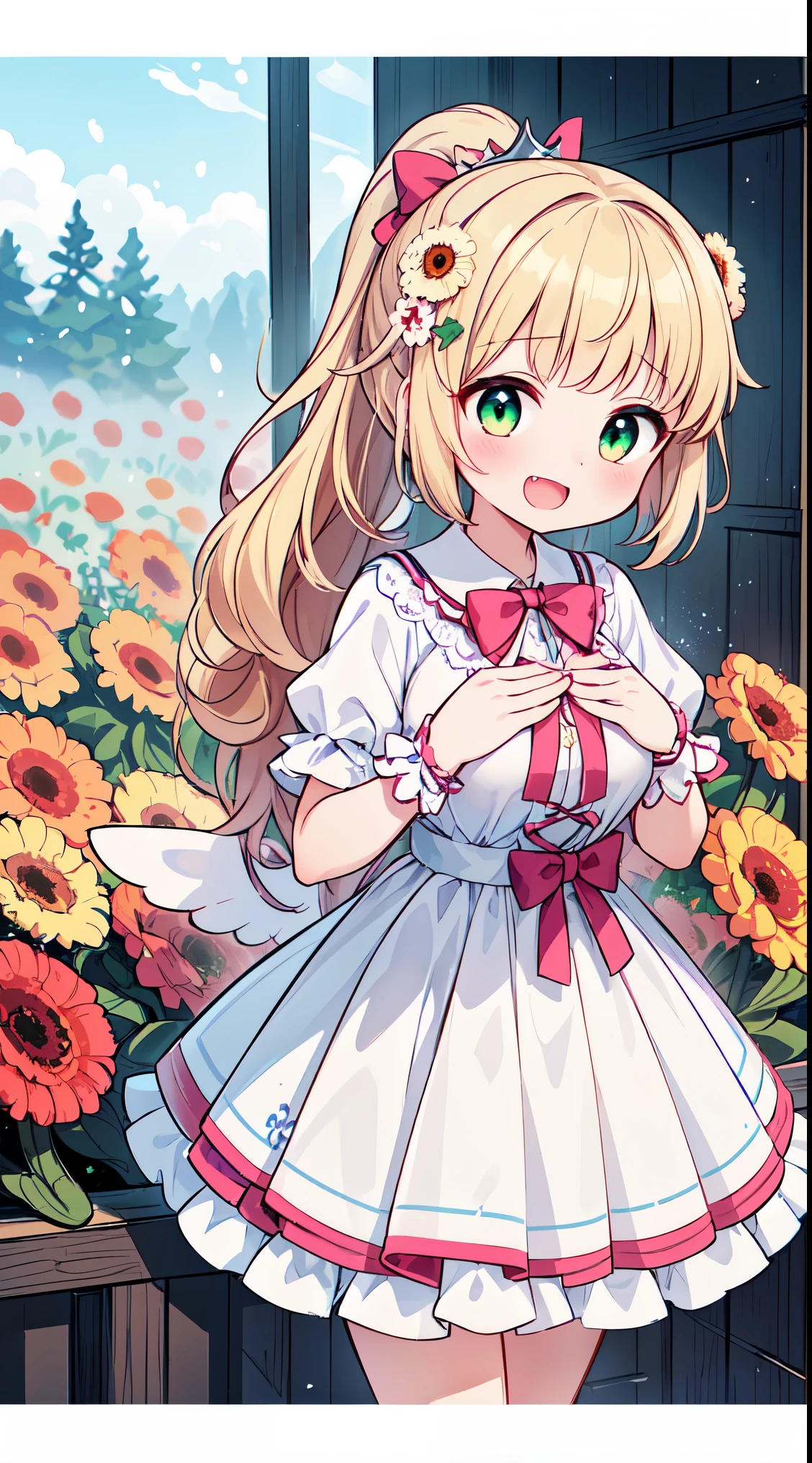 (masterpiece, top quality, best quality, official art, beautiful and aesthetic:1.2),ultra-detailed,intricate details,amazing illustration,award-winning art,atmospheric, 
BREAK, 1 beautiful girl, girl, (cute:1.5),(chibi:0.5),(cute:2.0),(:2.0),(12 year old girl),(big breasts:1.65),(chin hair,blond hair,blue bow,green eyes,eyebrows showing through hair,side locks,split bangs long hair, hair flowers, hair ornament, big bows in hair, curly hair, ponytail:1.6),:el, white feathers, one slender white winged, Ang el wings, spread wings, shining wings),pit \black},sparkling skin, clear skin, glowing beautiful skin, open mouth, bashful smile, solo, fangs, upper teeth,(long eyelashes, double eyelids:1.2),solo, sparkling skin, clear skin, glowing beautiful skin,(top quality face),(top quality shining eyes),(fun, happy fluttering:1.45)

BREAK (white and pink theme:1.5), (white and pink Classical loliashion:1.5),(white and pink Princess dress adorned with a plethora of fresh gerbera (in various vibrant colors:1.2):1.5), (voluminous frills:1.3), (Basque waist:1.3), ((crinoline, long multilayer-voluminous ruffle skirt)  adorned with  a plethora of fresh gerbera (in various vibrant colors:1.2):1.5), (intricate floral lace embroidery:1.6), (Princess dress and ruffle skirt  adorned with  a plethora of fresh gerbera (in various vibrant colors:1.2):2.0),(white pink heels adorned with fresh gerbera flowers in various colors:1.2),(holding a bouquet of brightly colored flowers:1.1),

BREAK,(folded hands:1.8),(background of beautiful detailed The dazzling morning sun rises and Shrine grounds covered in snow:1.2),

BREAK,wakame,wakame,wakame,(Cowboy Shot:1.4),

BREAK,(Blurry background:1.3),(absurderes, hight resolution, Super Detail Art),cel shading,Clear Color, Lonely optical effect, Beautiful pictures, Bright glow, mystic atmosphere,(Close-up of girl:1.1), Mystical light particle effect,manga influence, clean line drawings,