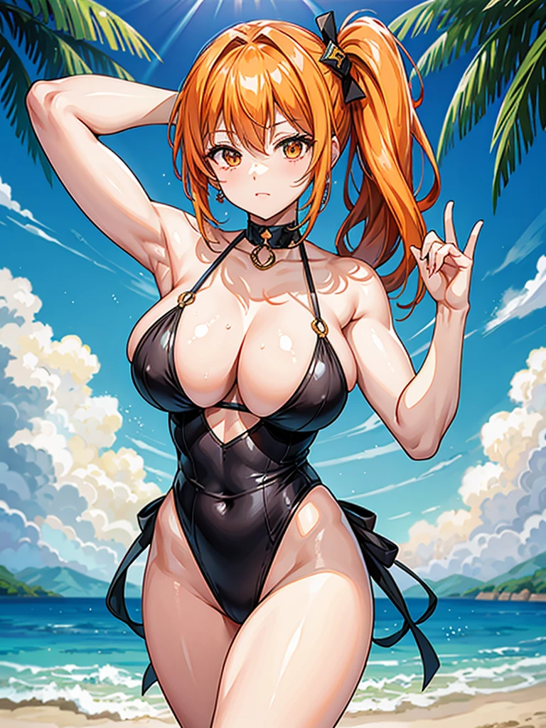 （（（masterpiece、Highest image quality、highest quality、highly detailed unity 8ｋwallpaper）））、（（Illustration of one girl））、（（（beautiful girl）））、（（orange hair、side ponytail、sidelocks：1.2、orange eyes））、（（（stocky build, thickset physique：1.3, muscular legs, broad shoulders, solid chest）））、swimsuit、sandy beach