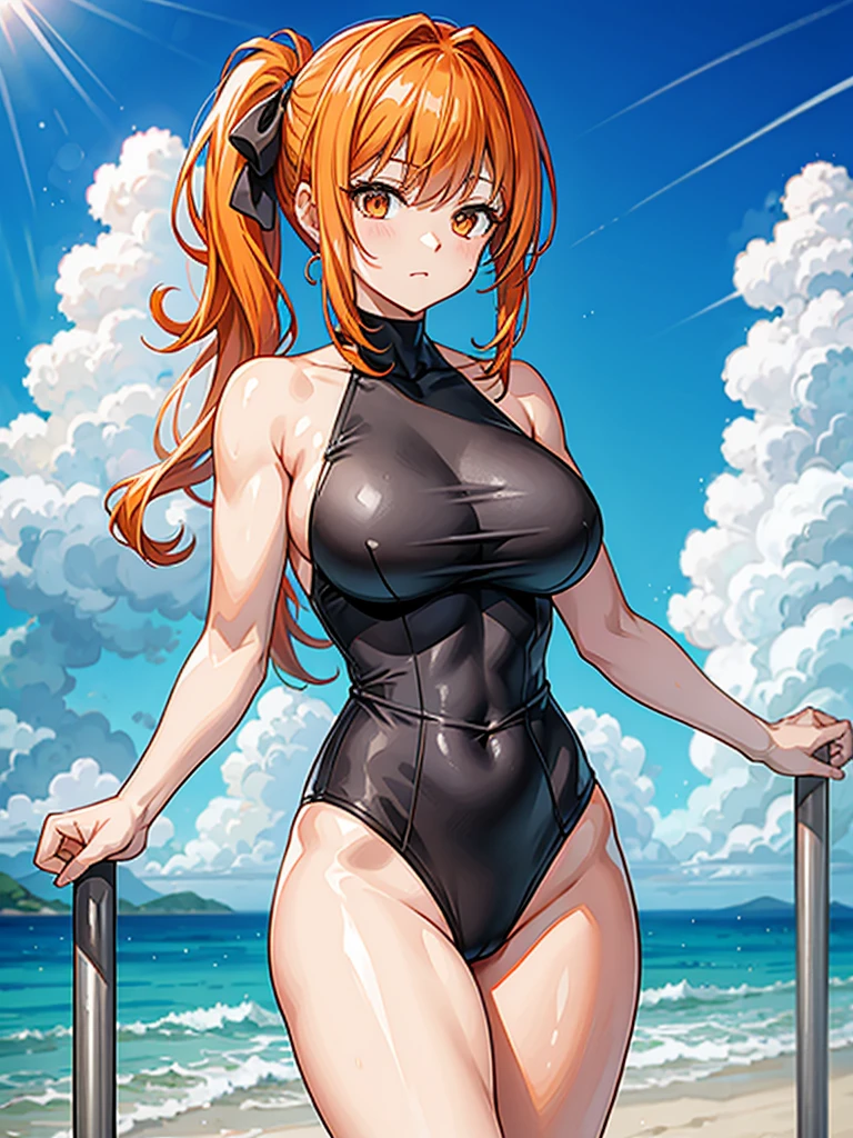 (((masterpiece、Highest image quality、highest quality、highly detailed unity 8kwallpaper)))、((Illustration of one girl))、(((beautiful girl)))、((orange hair、side ponytail、sidelocks:1.2、orange eyes))、(((stocky build, thickset physique:1.3, muscular legs, broad shoulders, solid chest)))、swimsuit、sandy beach