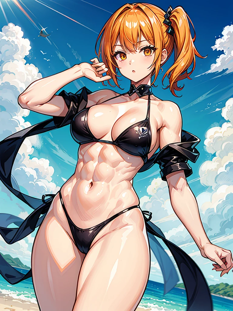 （（（masterpiece、Highest image quality、highest quality、highly detailed unity 8ｋwallpaper）））、（（Illustration of one girl））、（（（beautiful girl）））、（（orange hair、side ponytail、sidelocks：1.2、orange eyes））、（（（stocky build, thickset physique：1.3, muscular legs, broad shoulders, solid chest）））、swimsuit、sandy beach