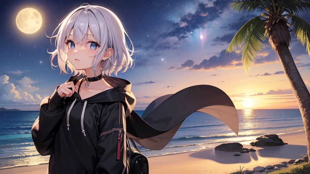 highest quality,1 female, alone, silver hair,show your shoulders,very short hair, long bangs between the eyes, blue eyes,black eye, hoodie,gray hair, hoodie, 白いhoodie、night、seaside、starry skies、moonlight、five fingers