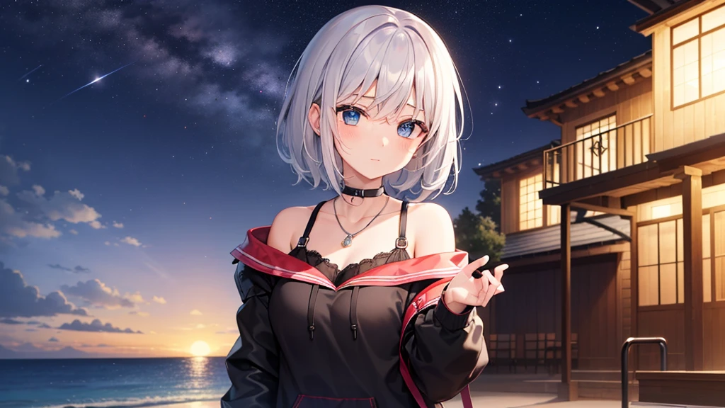 A 25 year old Japanese slender lady, silver ((loose curly hair))smooth curly hair , wearing only a black bikini and a cardigan , looks really calming and beautiful and cool, at a beach in midnight, spreading her left arms forward, a bit windy scene, smiling passionately under the moonlight, looking back pose, charming smile 
