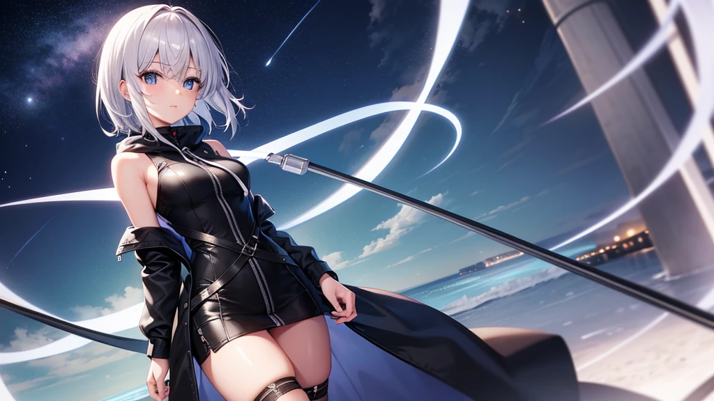  highest quality,1 female, alone, silver hair,show your shoulders,very short hair, long bangs between the eyes, blue eyes,black eye, hoodie,gray hair, hoodie, 白いhoodie、night、seaside、starry skies、moonlight、five fingers