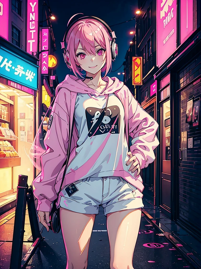 ((masterpiece)),((best quality)),1girl,solo,no background,streetwear,model,pink hair,pink eyes,black headphones,neon street,shortcut hair,standing,skinny body shape,tareme,smiling,from below,looking at viewer, cowboy shot