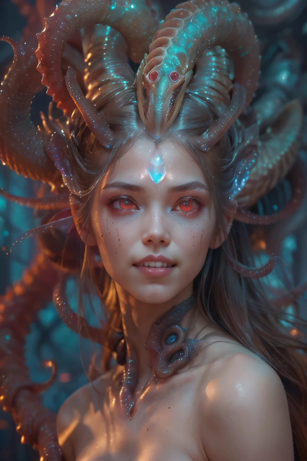 scary and sexy detailed art in color, Portrait, (beautiful and obscene female alien:1.4), (vulgarity1.5), (she has red eyes with no pupils:1.8), (Translucent skin:1.7), (There is a female genital-like organ in the middle of the forehead:1.9), (The most beautiful face in the history of the universe:1.2),an evil gaze that seduces, (large mouth:1.1), (sharp teeth like a vampire:1.2), Full body portrait, (bio luminescent:1.5), (Smile wickedly:1.3), (sexypose:1.5), alien, No humans, cells are fused, (Lots of translucent tentacles:1.3) extraterrestrial, cell, bio image, best quality, 8K,In 4K_quality, High freshness, Dramatic Lighting, masutepiece:1.5,cinematic quality, detail up, (exquisite details:1.2), high resolution, High freshness, drawing faithfully, (Thick eyebrows:1.2), Beautiful eyes with fine symmetry,(Highly detailed face and eyes:1.2), Intimate face, (Super detailed skin quality feeling:1.4), perfect anatomy, (Beautiful toned body:1.5), (Moist skin:1.2), not wearing makeup, (dark circles:1.1), long canines, cinematic drawing of characters, ultra high quality model, cinematic quality, detail up, (exquisite details:1.2), high resolution, High freshness, drawing faithfully, official art, Unity 8K Wall , 8K Portrait, best quality, Very high resolution, ultra detailed artistic photography, midnight aura, unreal engine 5, Ultra Sharp Focus, art by Amano Yoshitaka, ArtGerm, Roisch, intricate artwork, best quality, masterpiece, ultra high resolution, (photos realistic:1.4), ultra realistic realism, dream-like, nautilus, Creation of fantasy, Snail, Dream Snail, (biopunk nautilus:1.3),Thrilling color schemes, ultra realistic realism, seductively smiling, Blue tentacles,
