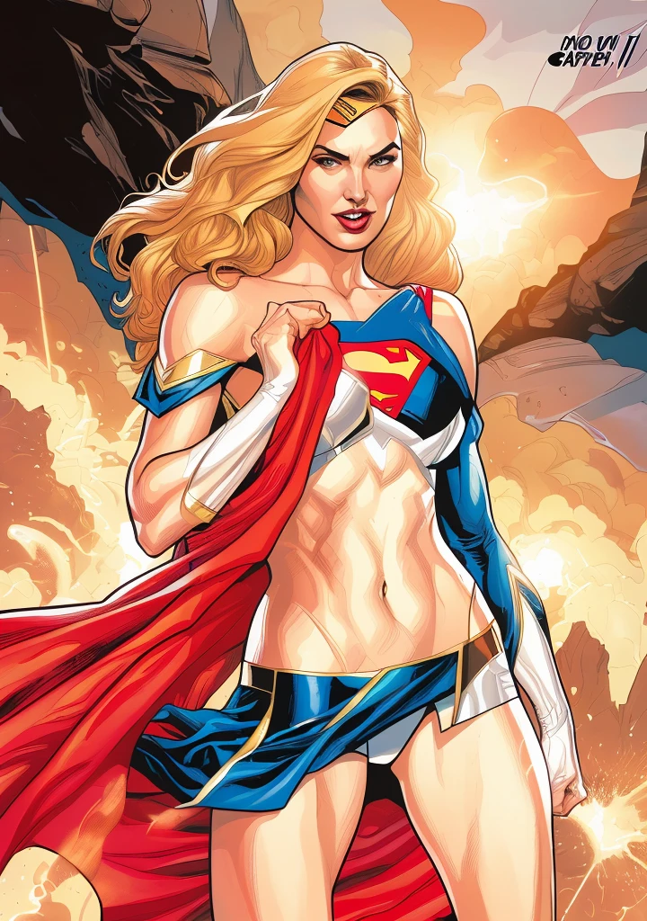 a painting of a woman in a superman costume with a cape, supergirl, comic digital art, dc comics art style, beautiful comic art, power girl, comic book art style, comics style art, super hero art, y painting of gal gadot, comic book style art, art of alessandro pautasso, the super hot and sexcomic book art