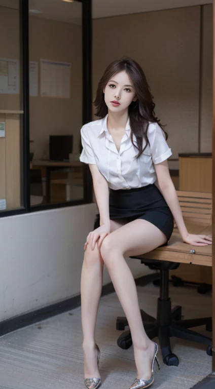 best quality, full body portrait，delicate face，pretty face，25-year-old woman，fit，Smaller bust，office lady，office attire，white，exterior，sitting position，long hair