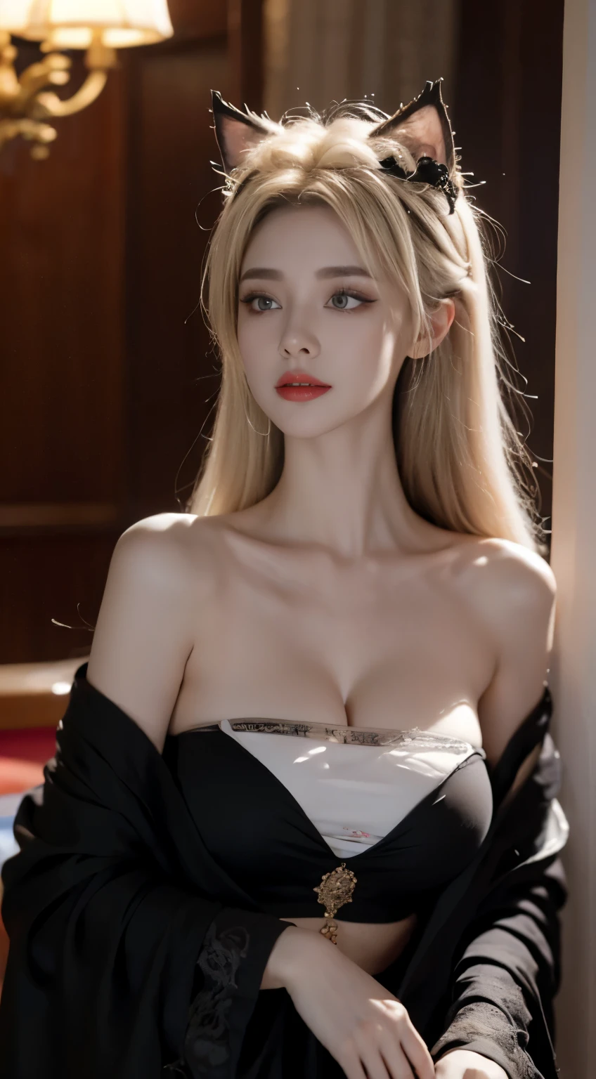 1 European and American vampires:Royal sister，awesomeness，enchantinodel，thin！！！，Skin white and smooth，curls，combed blonde hair，腿thin长，Wear black on leglack shirt，showing her belly，lace短裤，light it，seduce，oval face，blue pupils，red lips，Wearing cat earig breasts，Wear black tie，Dealing cards at the casino table，Full of wildness，leopard print，thin，thin，lace，nine-tailed fox，Plus robe unbuttoned，Contact lenses，cat eye，The cold and domineering lady，double eyelids，Good temperament，full，hair naturally curly，wear a tie，Daji，No hair on face