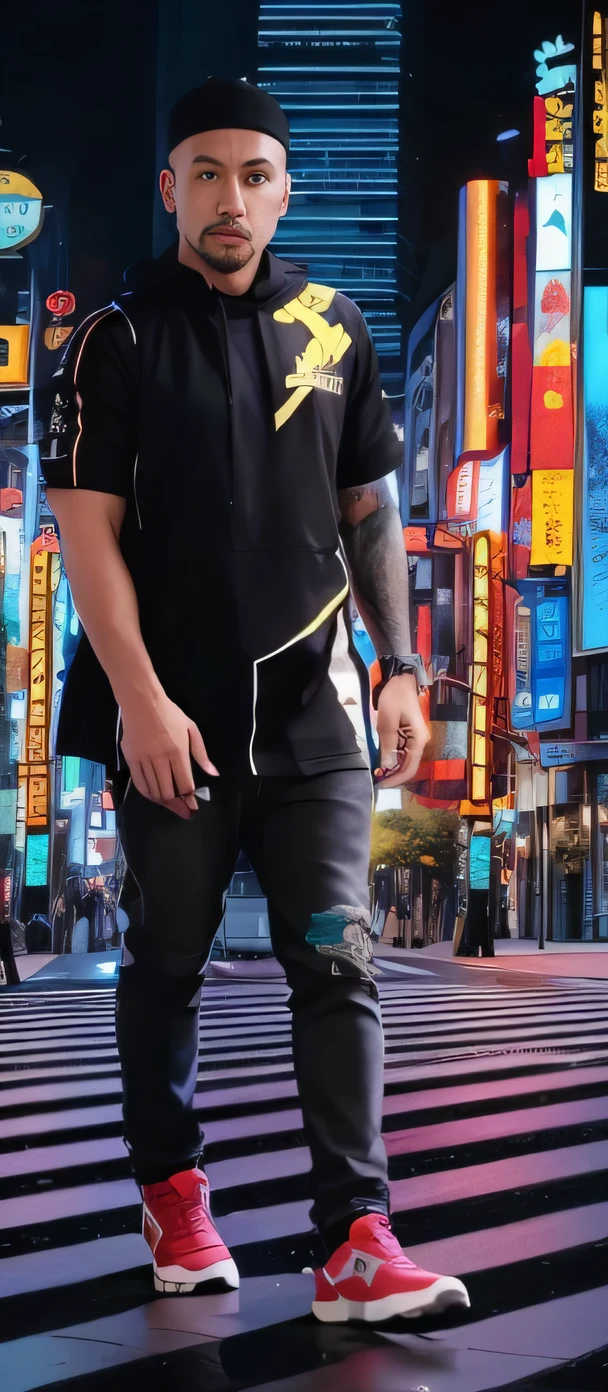 There was a man standing in a crosswalk in a city.., Wear a cyberpunk jacket 2 0 7 7, cyberpunk streetwear, wearing cyberpunk streetwear, cyberpunk clothing, Cyberpunk style 2 0 7 7, cyberpunk characters, In cyberpunk city, cyberpunk technology clothing, wearing space technology suit, cyberpunk friends, Future Tokyo in the background, wear netrunner clothes, Fool on cyberpunk street