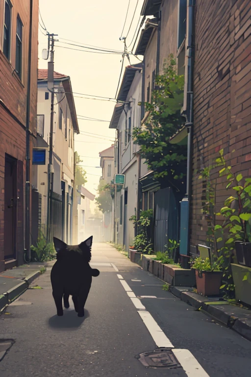 A black cat is walking on a brick wall.
