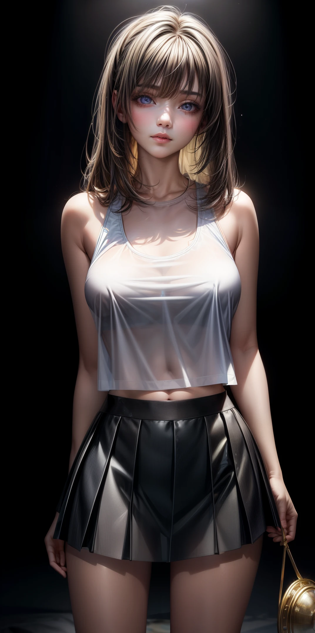 ((masterpiece)) realistic, 1girl, glowing eyes, tank top Transparent, skirt