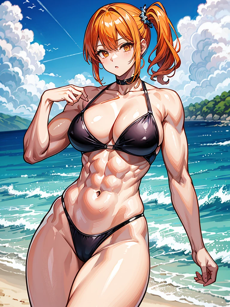 （（（masterpiece、Highest image quality、highest quality、highly detailed unity 8ｋwallpaper）））、（（Illustration of one girl））、（（（beautiful girl）））、（（orange hair、side ponytail、sidelocks：1.2、orange eyes））、（（（stocky build, thickset physique：1.3, muscular legs, broad shoulders, solid chest）））、swimsuit、sandy beach