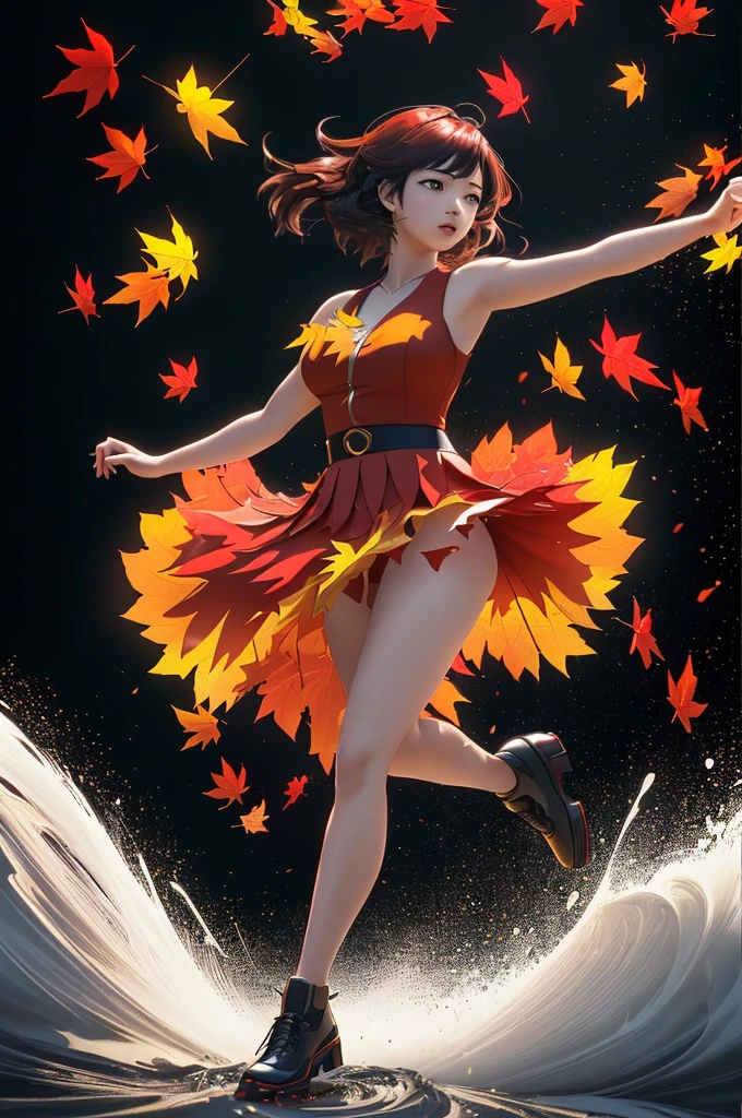 dynamic illustration of red yellow maple leaves drifting falling, Silhouette Art, a girl dancing, leaves floating in the air, strong wind effect, ripple, (realistic, photorealistic, RAWphoto:1.3), ultra-wide-angle, octane render, enhance, intricate, (best quality, masterpiece, Representative work, official art, Professional, unity 8k wallpaper:1.3), (Motion Blur), (best composition)