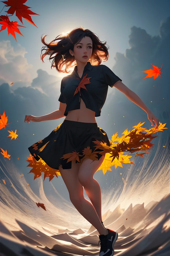 dynamic illustration of red yellow maple leaves drifting falling, Silhouette Art of a dancing girl, leaves floating in the air, strong wind effect, octane render, enhance, intricate, (best quality, masterpiece, Representative work, official art, Professional, unity 8k wallpaper:1.3), (Motion Blur), (best composition)