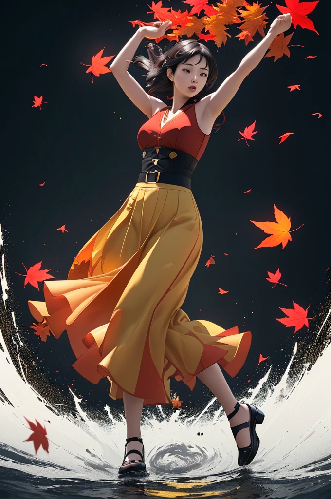dynamic illustration of red yellow maple leaves drifting falling, Silhouette Art, a girl dancing, leaves floating in the air, strong wind effect, ripple, (realistic, photorealistic, RAWphoto:1.3), ultra-wide-angle, octane render, enhance, intricate, (best quality, masterpiece, Representative work, official art, Professional, unity 8k wallpaper:1.3), (Motion Blur), (best composition)