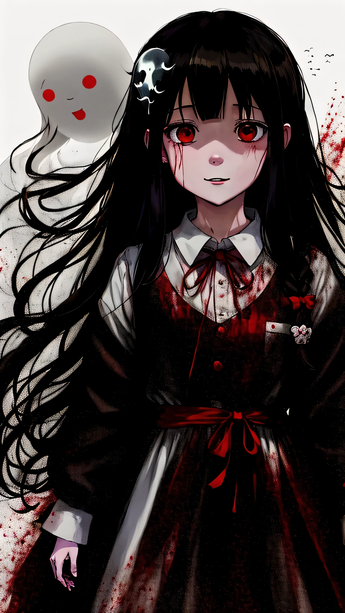 Cartoon girl with long hair and white dress, Pale Young Ghost Girl, yume nikki, ((the ghost of a girl speaking behind her)), Nico in white dress, in dress, junji ito 4k, made with anime painter studio, mysterious girl, open your mouth and crazy smile, bloody eyes, digital art from danganronpa, haunted sad expression
