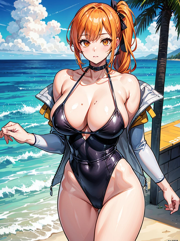 (((masterpiece、Highest image quality、highest quality、highly detailed unity 8kwallpaper)))、((Illustration of one girl))、(((beautiful girl)))、((orange hair、side ponytail、sidelocks:1.2、orange eyes))、(((stocky build, thickset physique:1.3, muscular legs, broad shoulders, solid chest)))、swimsuit、sandy beach