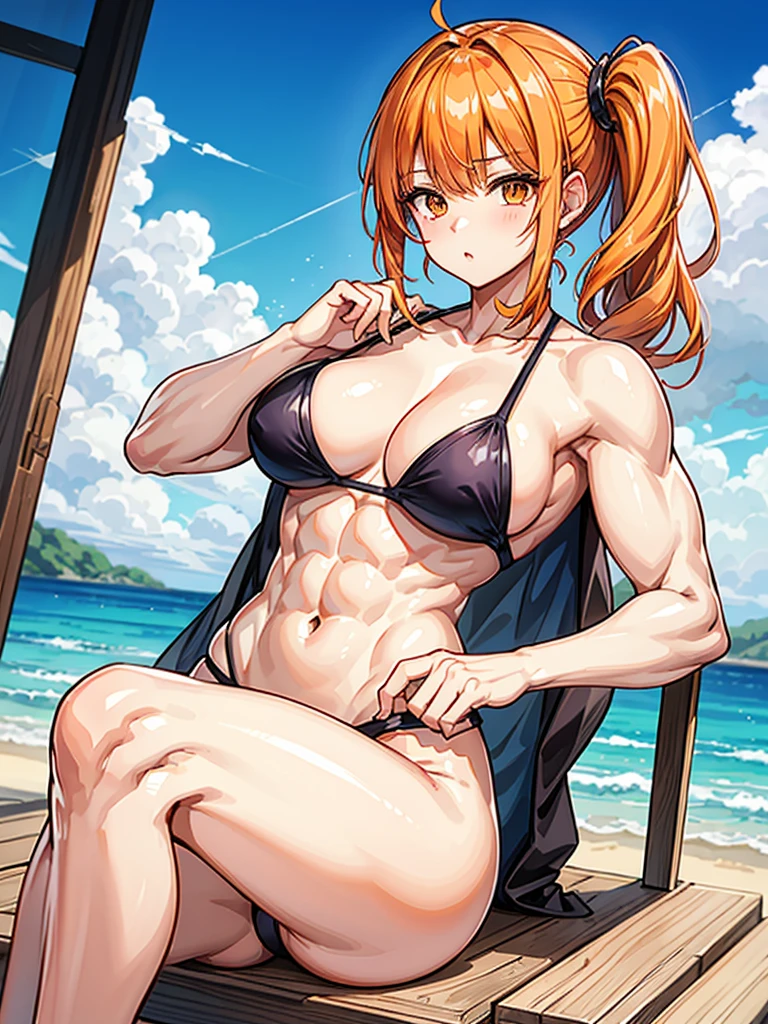 （（（masterpiece、Highest image quality、highest quality、highly detailed unity 8ｋwallpaper）））、（（Illustration of one girl））、（（（beautiful girl）））、（（orange hair、side ponytail、sidelocks：1.2、orange eyes））、（（（stocky build, thickset physique：1.3, muscular legs, broad shoulders, solid chest）））、swimsuit、sandy beach