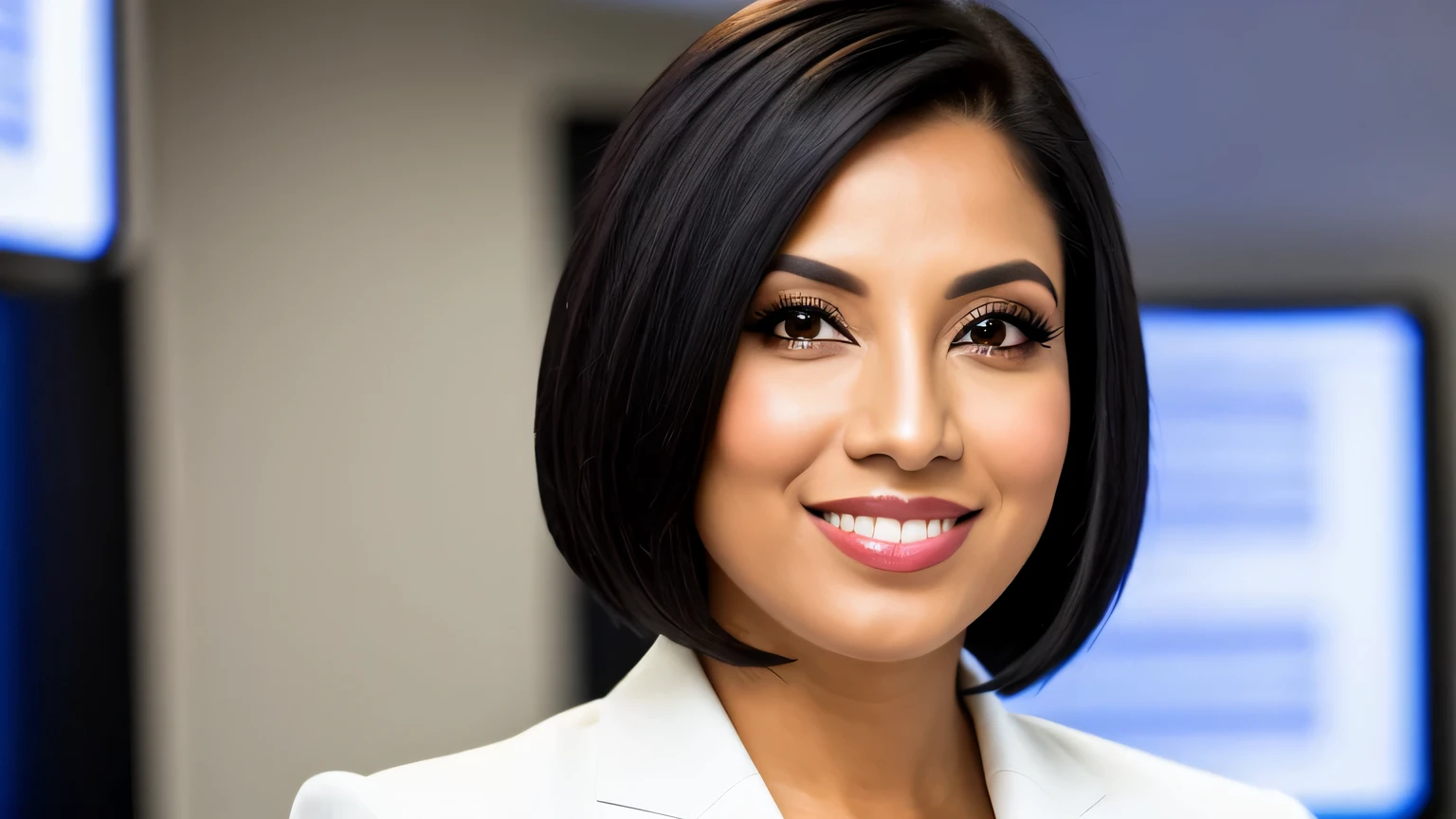 Brazilian woman, journalist, black straight bob hair, portrait, cute, confident, Inspirational, woman of Brazilian origin, heterochromatic eyes, (skin texture), skin pores, shallow depth of field, sharp eye focus, backlit, tapered nose, standing, full body, front view, news anchor room，Thin, woman suit, standing, full body, fortitude, tmasterpiece, professional photo