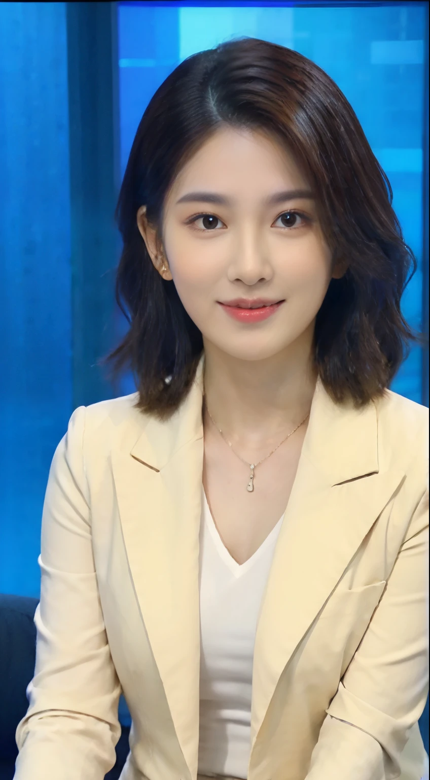 best image quality、ultra high resolution、1 girl、beautiful features、short and fine hair、Announcer wearing a tight long sleeve suit、Sit in the studio, japanese