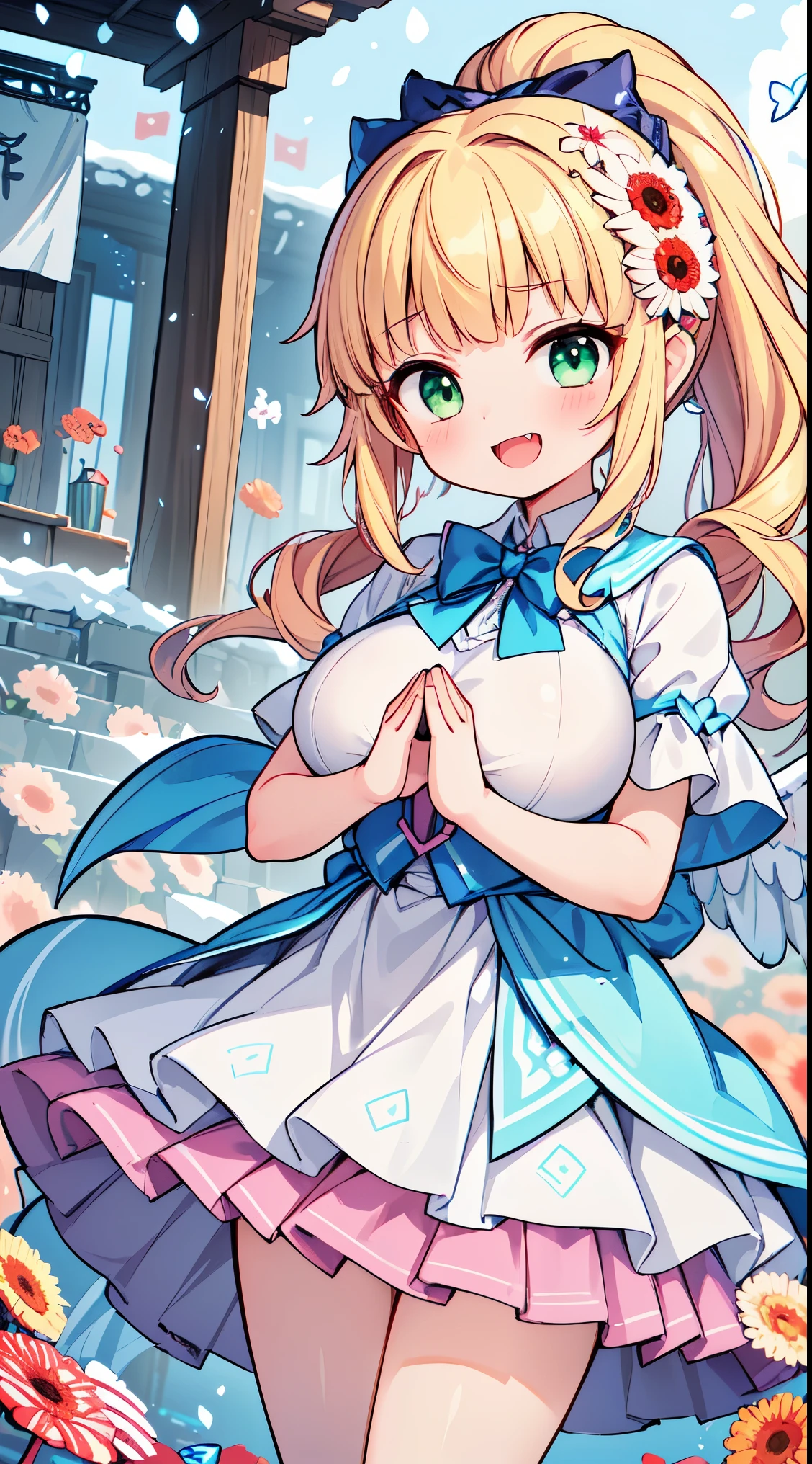 (masterpiece, top quality, best quality, official art, beautiful and aesthetic:1.2),ultra-detailed,intricate details,amazing illustration,award-winning art,atmospheric,
BREAK, 1 beautiful girl, girl, (cute:1.5),(chibi:0.5),(cute:2.0),(loli:2.0),(12 year old girl),(big breasts:1.65),(chin hair,blond hair,blue bow,green eyes,eyebrows showing through hair,side locks,split bangs long hair, hair flowers, hair ornament, big bows in hair, curly hair, ponytail:1.6),:el, white feathers, one slender white winged, Ang el wings, spread wings, shining wings),pit \black},sparkling skin, clear skin, glowing beautiful skin, open mouth, bashful smile, solo, fangs, upper teeth,(long eyelashes, double eyelids:1.2),solo, sparkling skin, clear skin, glowing beautiful skin,(top quality face),(top quality shining eyes),(fun, happy fluttering:1.45)
BREAK (white and pink theme:1.5), (white and pink Classical lolita fashion:1.5),(white and pink Princess dress adorned with a plethora of fresh gerbera (in various vibrant colors:1.2):1.5), (voluminous frills:1.3), (Basque waist:1.3), ((crinoline, long multilayer-voluminous ruffle skirt) adorned with a plethora of fresh gerbera (in various vibrant colors:1.2):1.5), (intricate floral lace embroidery:1.6), (Princess dress and ruffle skirt adorned with a plethora of fresh gerbera (in various vibrant colors:1.2):2.0),(white pink heels adorned with fresh gerbera flowers in various colors:1.2),(holding a bouquet of brightly colored flowers:1.1),
BREAK,(folded hands:1.8),(background of beautiful detailed The dazzling morning sun rises and Shrine grounds covered in snow:1.2),
BREAK,wakame,wakame,wakame,(Cowboy Shot:1.4),
BREAK,(Blurry background:1.3),(absurderes, hight resolution, Super Detail Art),cel shading,Clear Color, Lonely optical effect, Beautiful pictures, Bright glow, mystic atmosphere,(Close-up of girl:1.1), Mystical light particle effect,manga influence, clean line drawings,