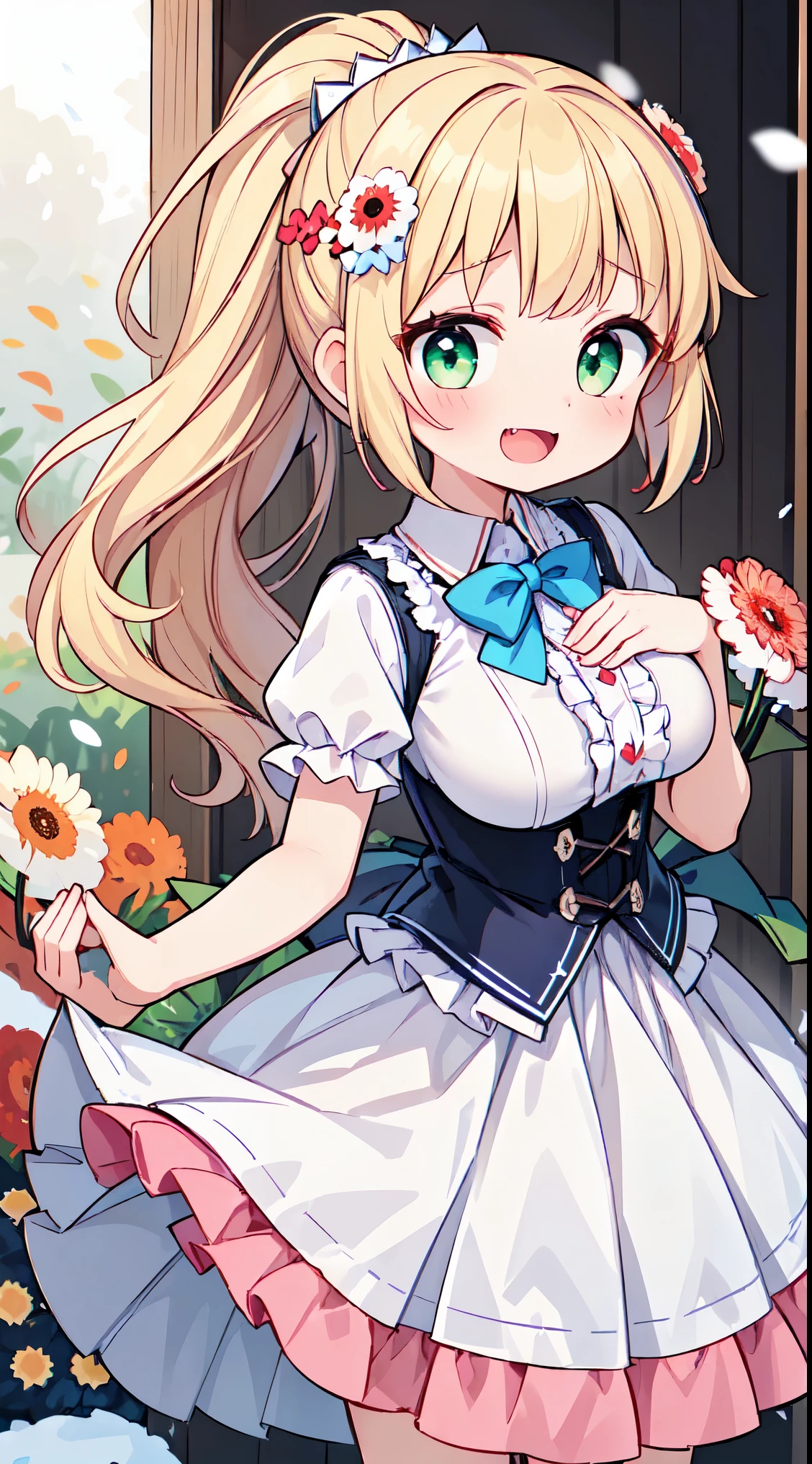 (masterpiece, top quality, best quality, official art, beautiful and aesthetic:1.2),ultra-detailed,intricate details,amazing illustration,award-winning art,atmospheric,
BREAK, 1 beautiful girl, girl, (cute:1.5),(chibi:0.5),(cute:2.0),(loli:2.0),( girl),(big breasts:1.65),(chin hair,blond hair,blue bow,green eyes,eyebrows showing through hair,side locks,split bangs long hair, hair flowers, hair ornament, big bows in hair, curly hair, ponytail:1.6),:el, white feathers, one slender white winged, Ang el wings, spread wings, shining wings),pit \black},sparkling skin, clear skin, glowing beautiful skin, open mouth, bashful smile, solo, fangs, upper teeth,(long eyelashes, double eyelids:1.2),solo, sparkling skin, clear skin, glowing beautiful skin,(top quality face),(top quality shining eyes),(fun, happy fluttering:1.45)
BREAK (white and pink theme:1.5), (white and pink Classical lolita fashion:1.5),(white and pink Princess dress adorned with a plethora of fresh gerbera (in various vibrant colors:1.2):1.5), (voluminous frills:1.3), (Basque waist:1.3), ((crinoline, long multilayer-voluminous ruffle skirt) adorned with a plethora of fresh gerbera (in various vibrant colors:1.2):1.5), (intricate floral lace embroidery:1.6), (Princess dress and ruffle skirt adorned with a plethora of fresh gerbera (in various vibrant colors:1.2):2.0),(white pink heels adorned with fresh gerbera flowers in various colors:1.2),(holding a bouquet of brightly colored flowers:1.1),
BREAK,(folded hands:1.8),(background of beautiful detailed The dazzling morning sun rises and Shrine grounds covered in snow:1.2),
BREAK,wakame,wakame,wakame,(Cowboy Shot:1.4),
BREAK,(Blurry background:1.3),(absurderes, hight resolution, Super Detail Art),cel shading,Clear Color, Lonely optical effect, Beautiful pictures, Bright glow, mystic atmosphere,(Close-up of girl:1.1), Mystical light particle effect,manga influence, clean line drawings,