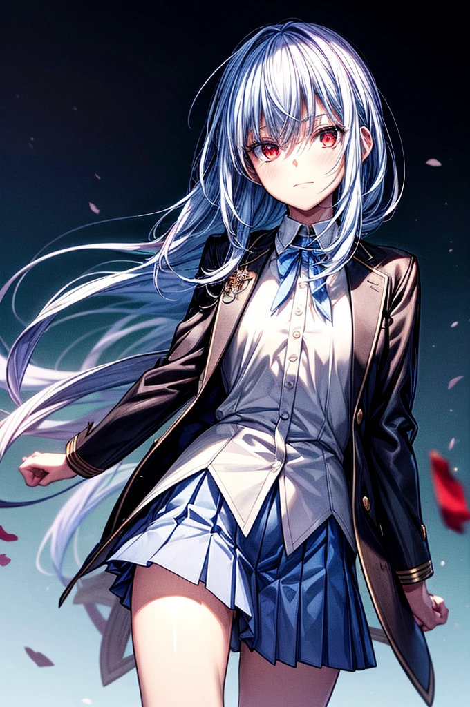 ((masterpiece)) best quality, 8k, high quality, high resolution, super detailed, ultra-detailed, photorealistic, beautiful and finely detailed face and eyes, ultra-detailed and detailed skin texture, masterpiece, best quality shadows, clean lines, realistic looks, best generation, smooth color transitions,life-like portrayal, young woman with Silver-white hair, red eyes, with a formal blouse or shirt, crafted in hues of blue and white, grey blazer, white and blue skirt, blood Red eyes, beautiful straight white hair, human, straight hair, not embarrassed, cold look, full body, female human, red eyes, white hair, straight hair, Academy uniform, school setting, tassel embroidered blouse