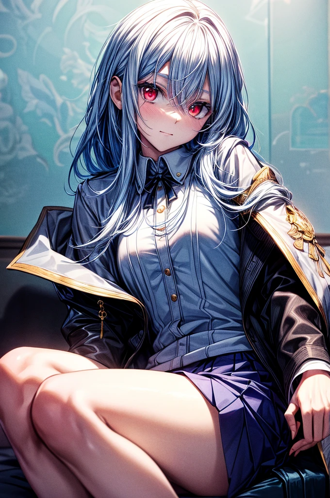 ((masterpiece)) best quality, 8k, high quality, high resolution, super detailed, ultra-detailed, photorealistic, beautiful and finely detailed face and eyes, ultra-detailed and detailed skin texture, masterpiece, best quality shadows, clean lines, realistic looks, best generation, smooth color transitions,life-like portrayal, young woman with Silver-white hair, red eyes, with a formal blouse or shirt, crafted in hues of blue and white, grey blazer, white and blue skirt, blood Red eyes, beautiful straight white hair, human, straight hair, not embarrassed, cold look, full body, female human, red eyes, white hair, straight hair, Academy uniform, school setting, tassel embroidered blouse 