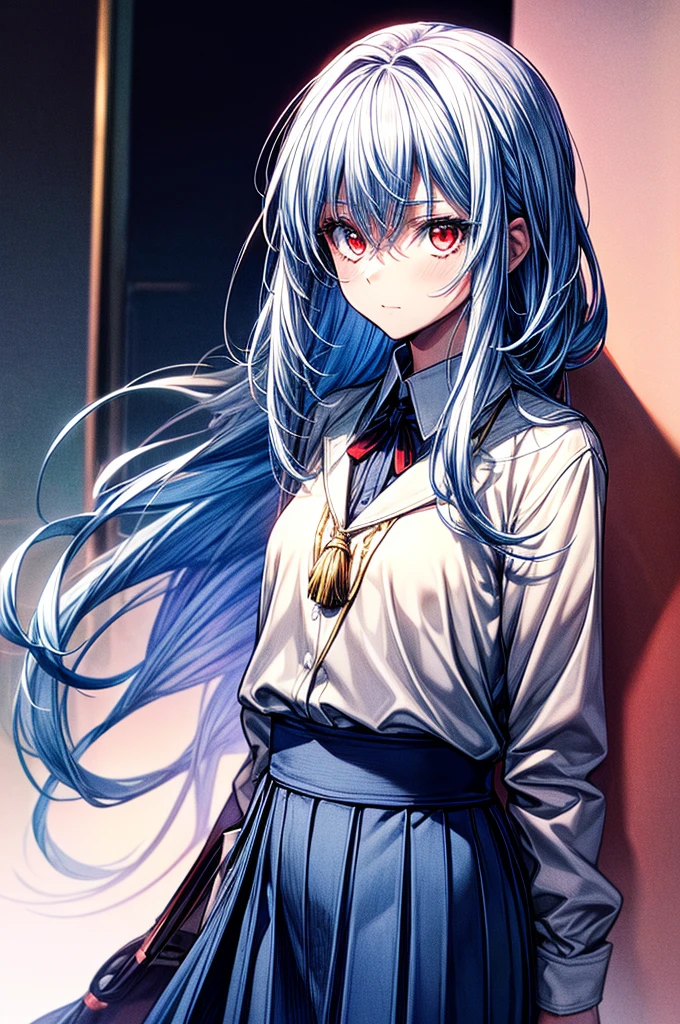 ((masterpiece)) best quality, 8k, high quality, high resolution, super detailed, ultra-detailed, photorealistic, beautiful and finely detailed face and eyes, ultra-detailed and detailed skin texture, masterpiece, best quality shadows, clean lines, realistic looks, best generation, smooth color transitions,life-like portrayal, young woman with Silver-white hair, red eyes, with a formal blouse or shirt, crafted in hues of blue and white, grey blazer, white and blue skirt, blood Red eyes, beautiful straight white hair, human, straight hair, not embarrassed, cold look, full body, female human, red eyes, white hair, straight hair, Academy uniform, school setting, tassel embroidered blouse