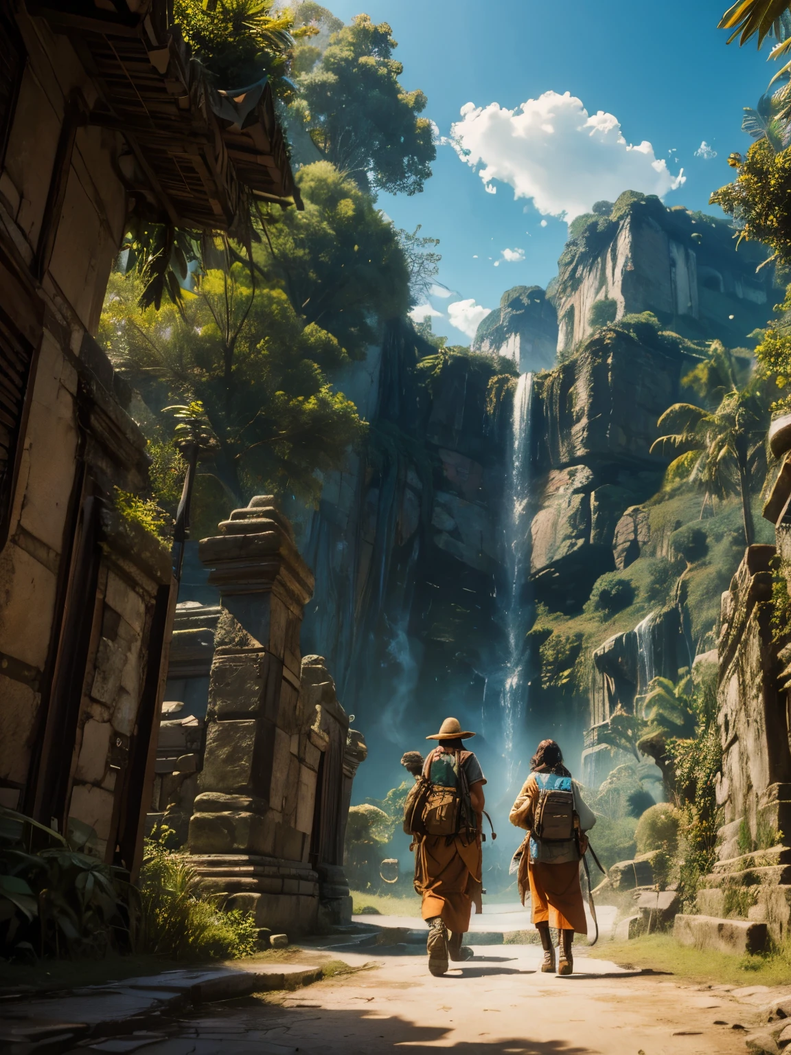 ((best quality)), (detailed), (vivid color), Jaguars circling a beautiful Mayan woman, looking over her shoulder, standing in a jungle with Jaguars, HDR, 4K, 3D, ray tracing, digital 3D art
