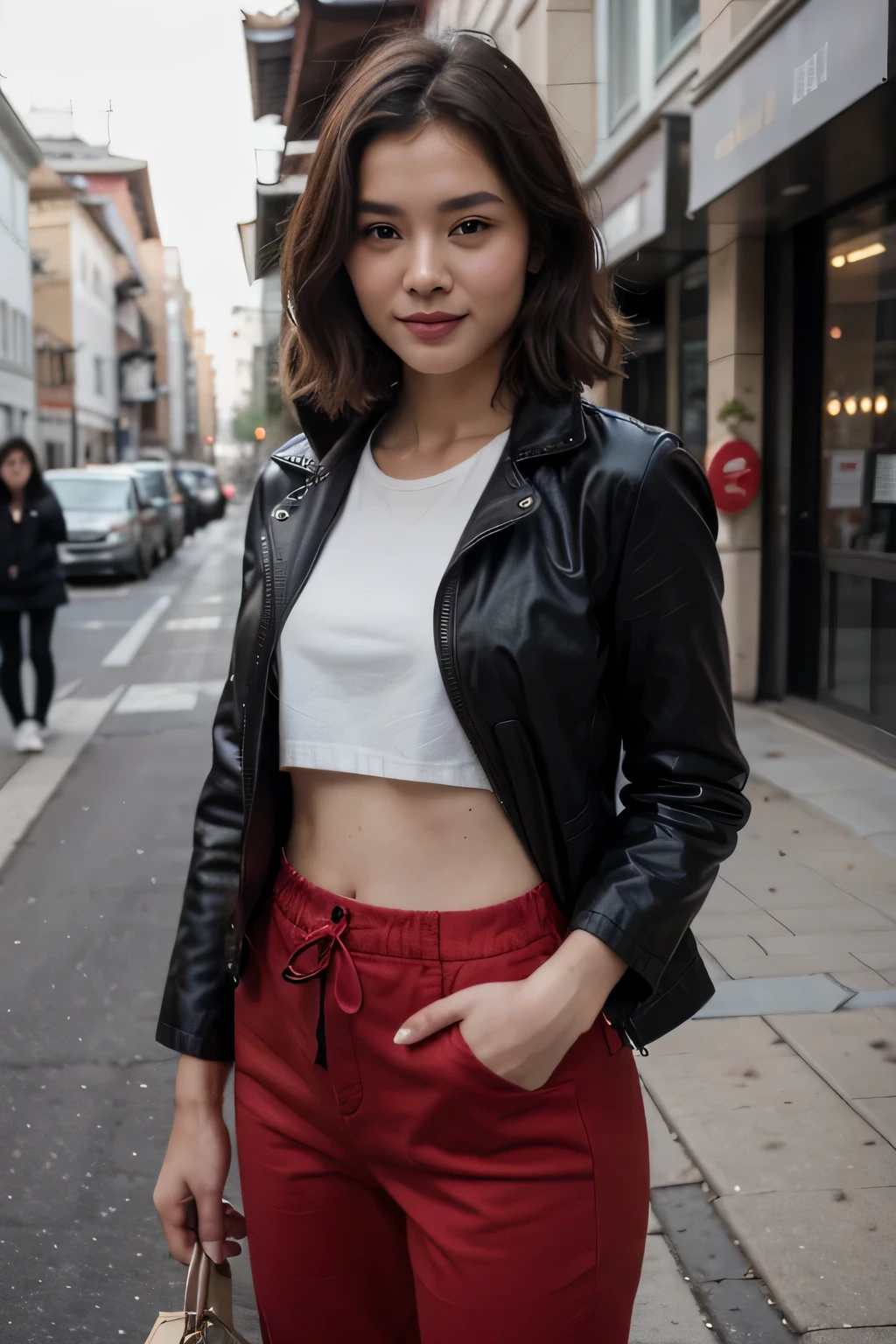top-quality、masterpiece、超A high resolution、(realisitic:1.4)、Beautuful Women1、Beautiful detail eyes and skin、smile、Light brown short-cut hair, She is Wearing a long red jacket and long pants posing for a photo, gorgeous chinese model, photo of slim girl model, IG-Modell, beautiful female model, on the street