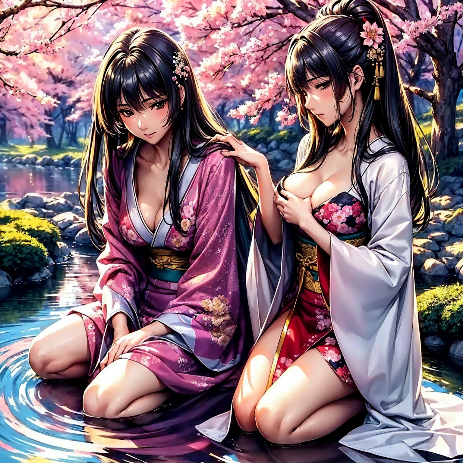 (highest quality、masterpiece、very high resolution、ultra high resolution,High resolution detail 1.5)、A woman of perfect and ultimate beauty(18-year-old:1.5)、A realistic portrait of a slender figure,(Beautiful breasts and F cup:1.5) 、beautiful body、beautiful face、beautiful hair、Realistic skin texture、Wearing a beautiful Japanese kimono、Kimono has colors and patterns,Has a bewitching look、Hair fluttering due to the wind、Japanese garden with beautiful cherry blossoms at night、mysterious night sky、There is a pond and a bridge.,beautiful scenery、(precise details、detailed images、accurate image、perfect image 1.5)、beautiful anime woman、beautiful art style、anime character、Overall image、detailed images、accurate anatomy、Image without defects、natural soft light、beautiful images、非常にdetailed images、(best shot 1.2)