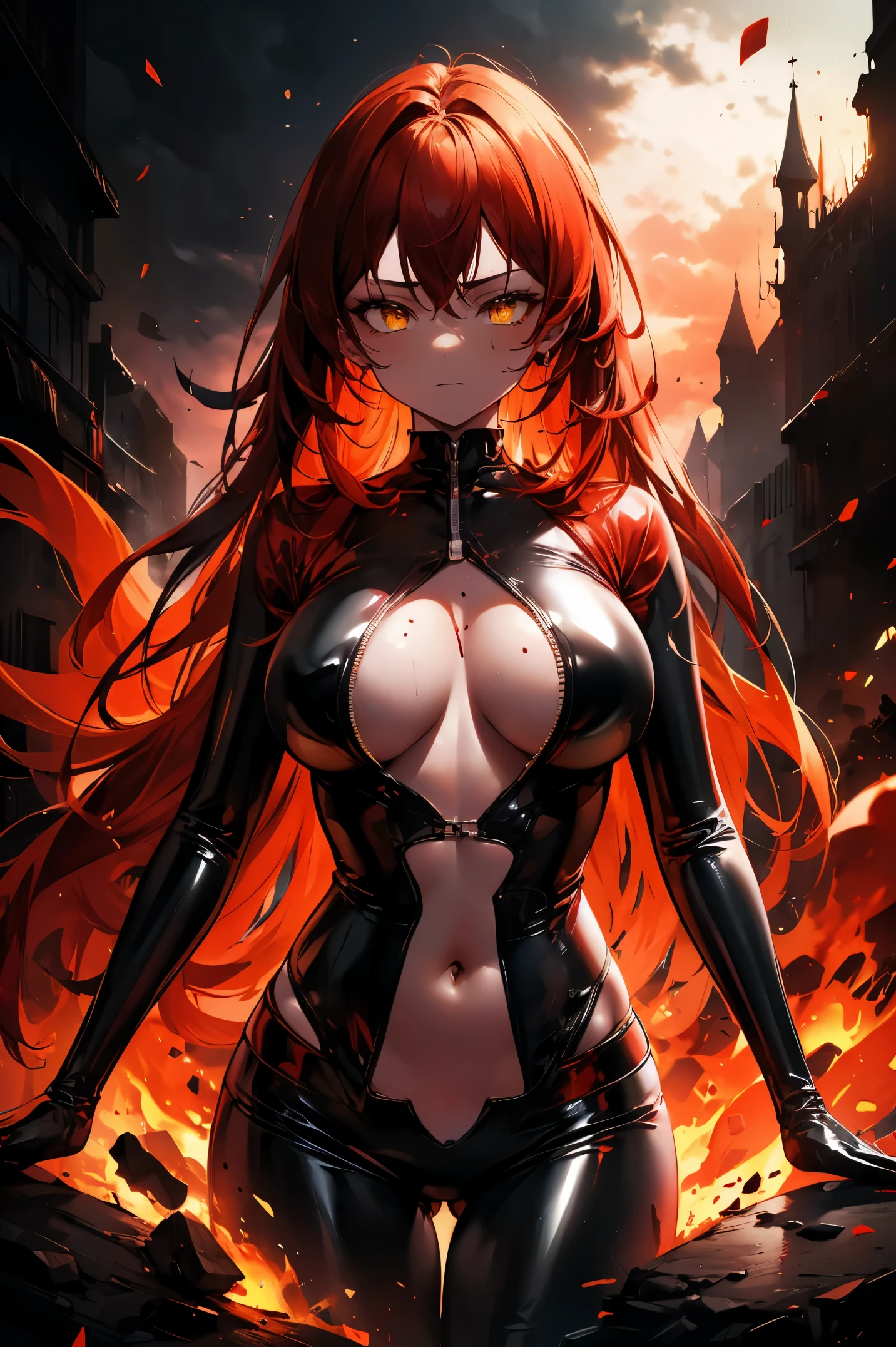 in color and uses the flames,  masterpiece, best quality) an woman with very long red hair, neckline, black ribbons, bodysuit, cold look, queen, good anatomy, correct proportions, torn clothes, serious, mysterious appearance, blood, emotionless, evil, (yellow eyes), gothic, large chest, cinematics, color oil painting, solo, cinematic lighting, extremely detailed face, finely detailed face, beautiful face, beautiful eyes, perfect lighting, depth of field, realistic proportions, good anatomy, ((((Obra maestra, La mejor calidad, ultrahigh resolution)))), 1girl, standing, (sexy latex costume), looking at the viewer,